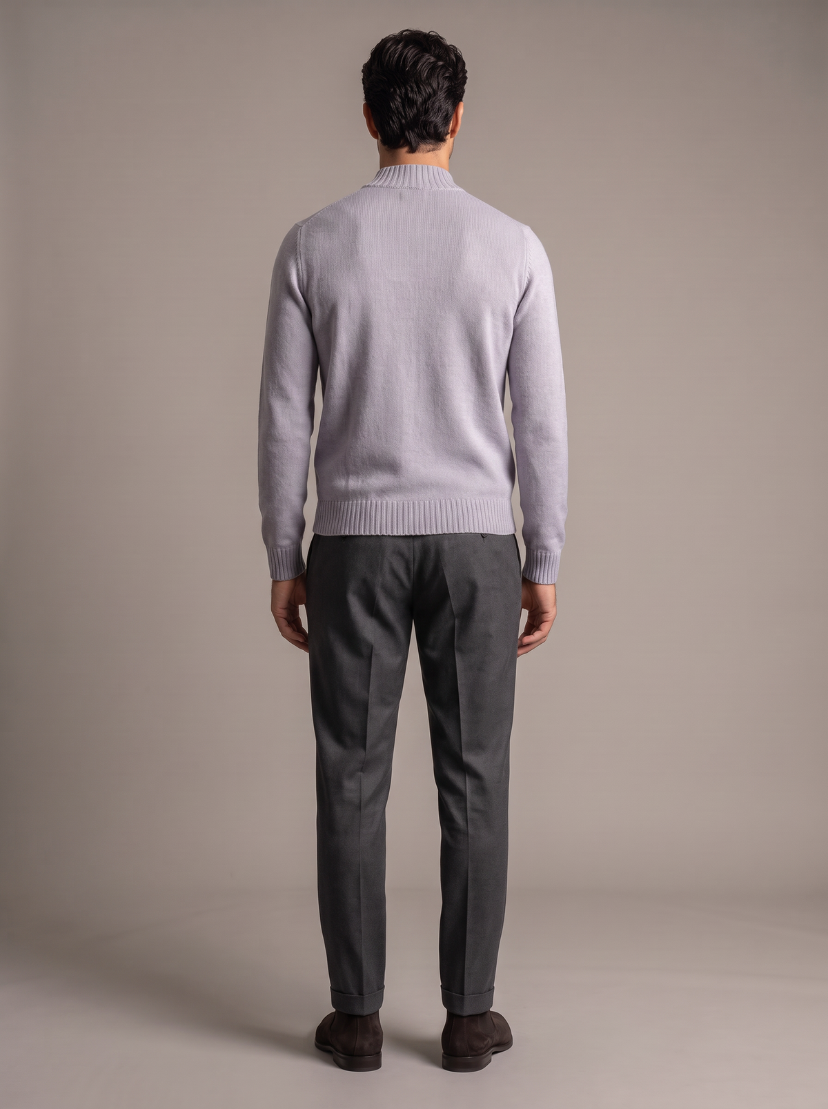 FERRANTE ESSENTIAL GARMENT-DYED MERINO MOCK NECK – COOL LIGHT GREY LILAC - Full Back Model