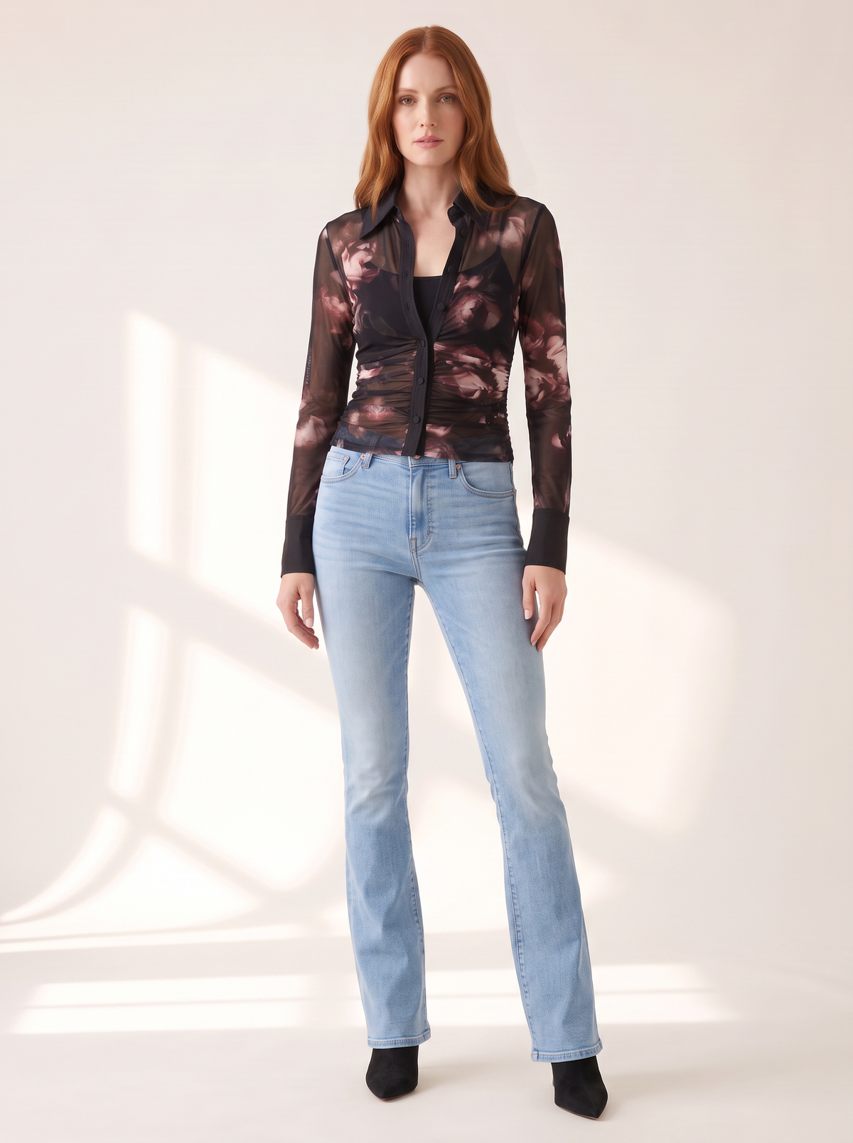 L’AGENCE Isola Long-Sleeve Mesh Button-Up – BLACK/MAUVE SMALL DISTRESSED ROSE - Full Front Model