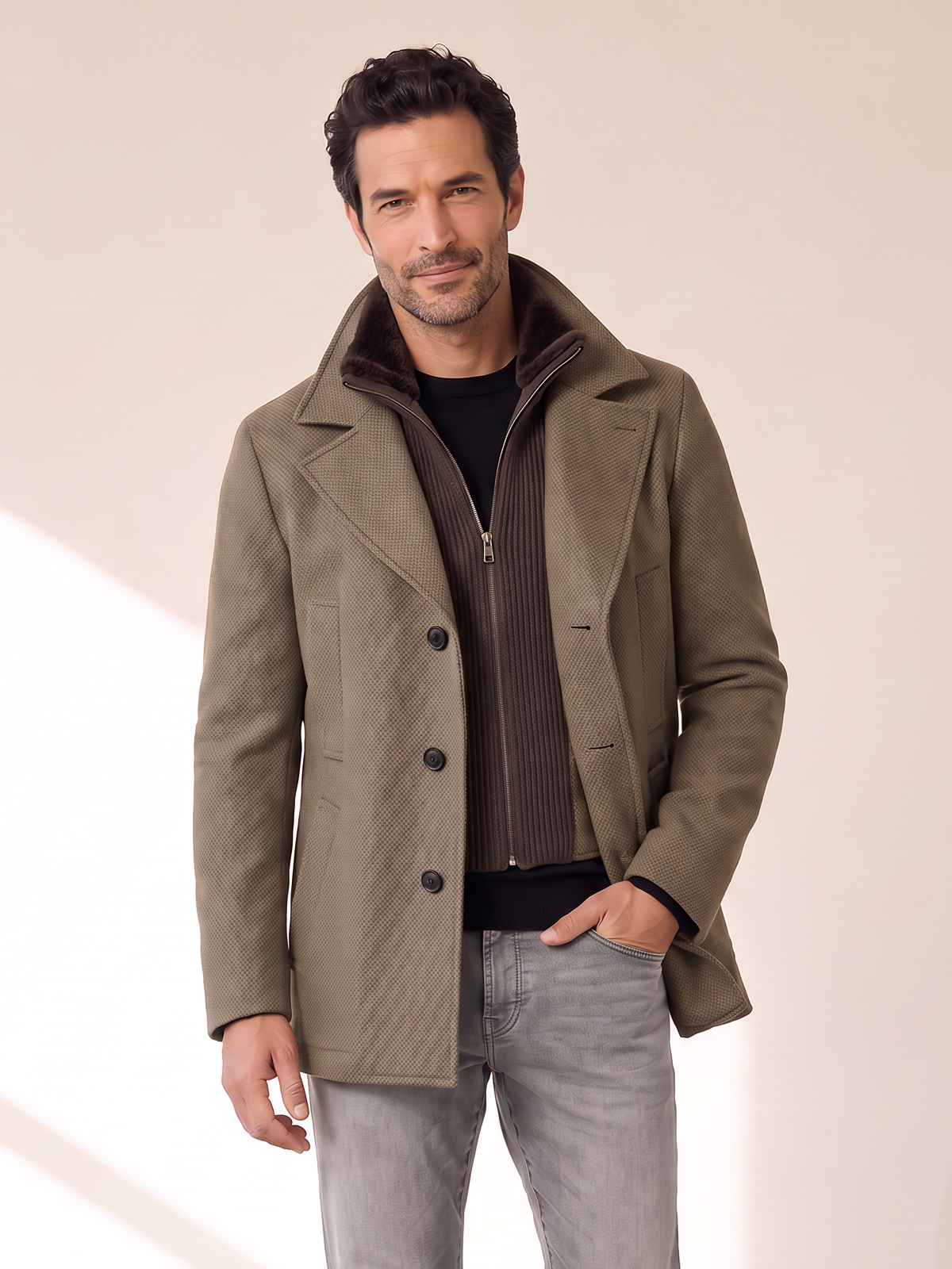WOOL-BLEND JACKET WITH DETACHABLE BIB – OLIVE - Hero Front