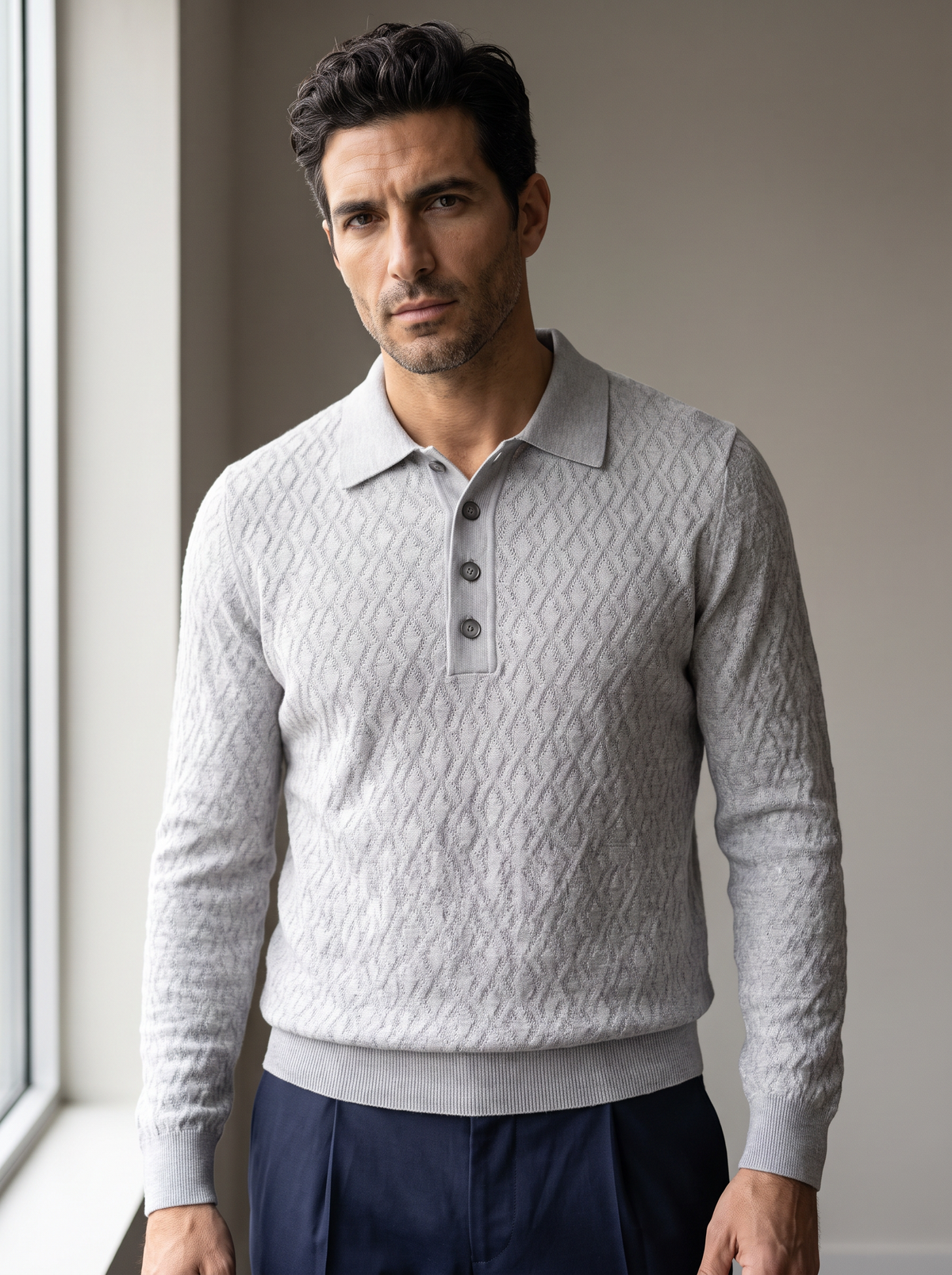 FERRANTE MERINO WOOL DIAMOND JACQUARD FOUR-BUTTON POLO – LIGHT GREY - Hero Front