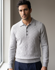 FERRANTE MERINO WOOL DIAMOND JACQUARD FOUR-BUTTON POLO – LIGHT GREY - Hero Front