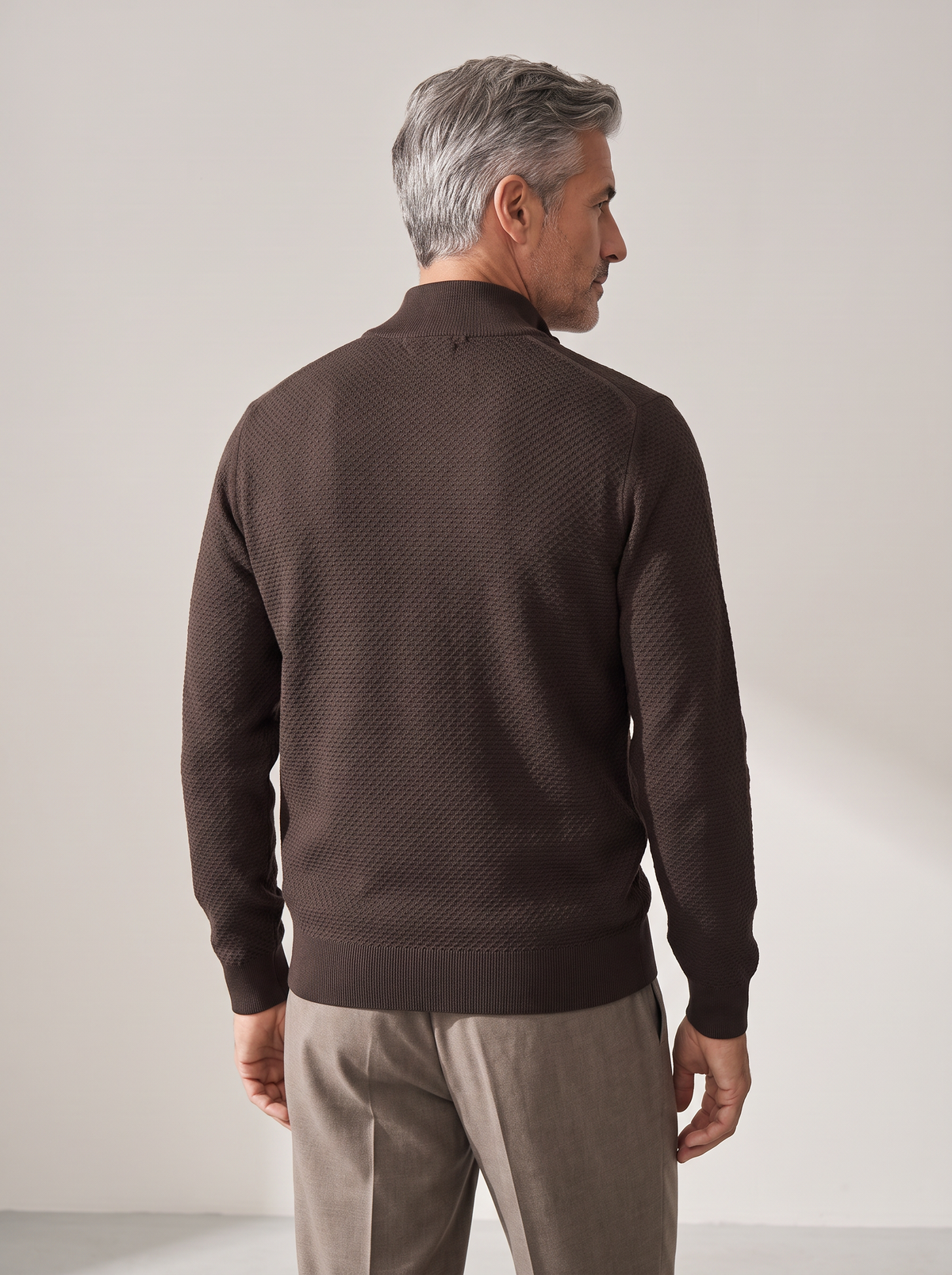 RICE STITCH FULL-ZIP CARDIGAN – CHOCOLATE - Hero Back