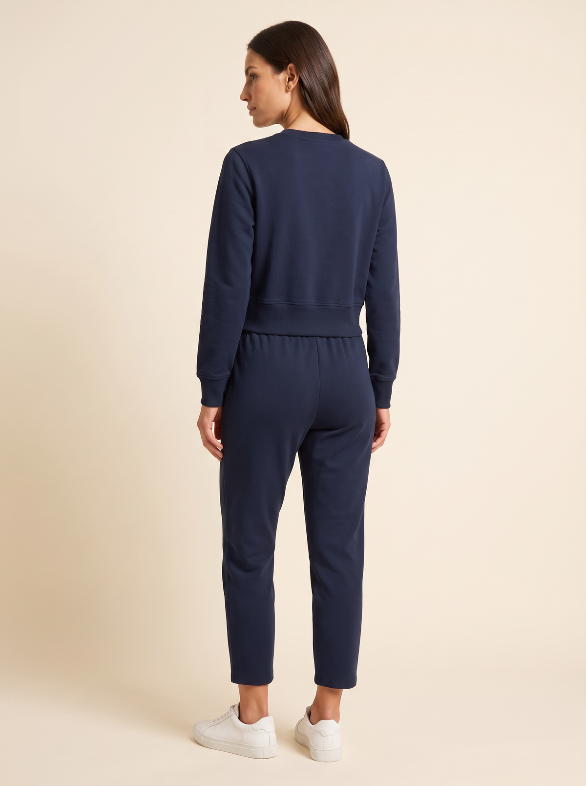 Brushed Pima Cotton Cropped Sweatshirt – DARK NAVY - Full Back Model