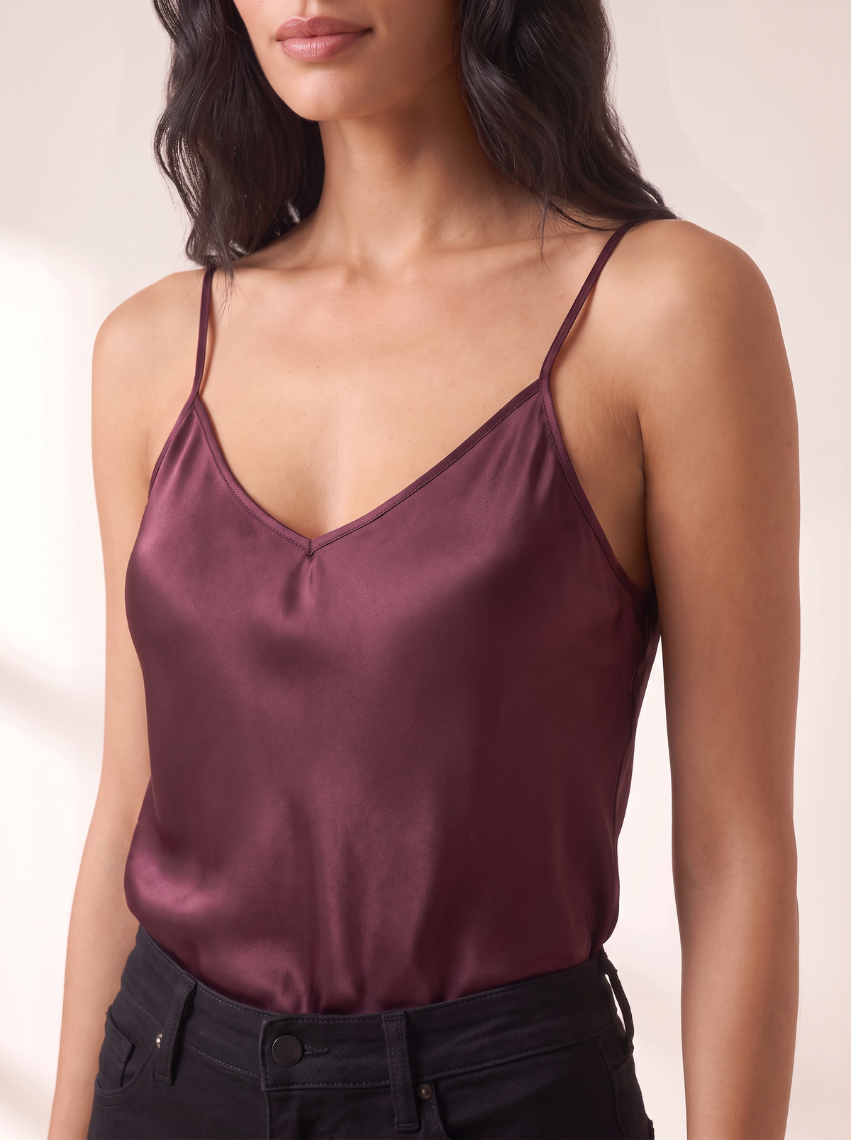 L’AGENCE Lexi Silk Camisole – DEEP SANGRIA - Silk Detail Close-Up