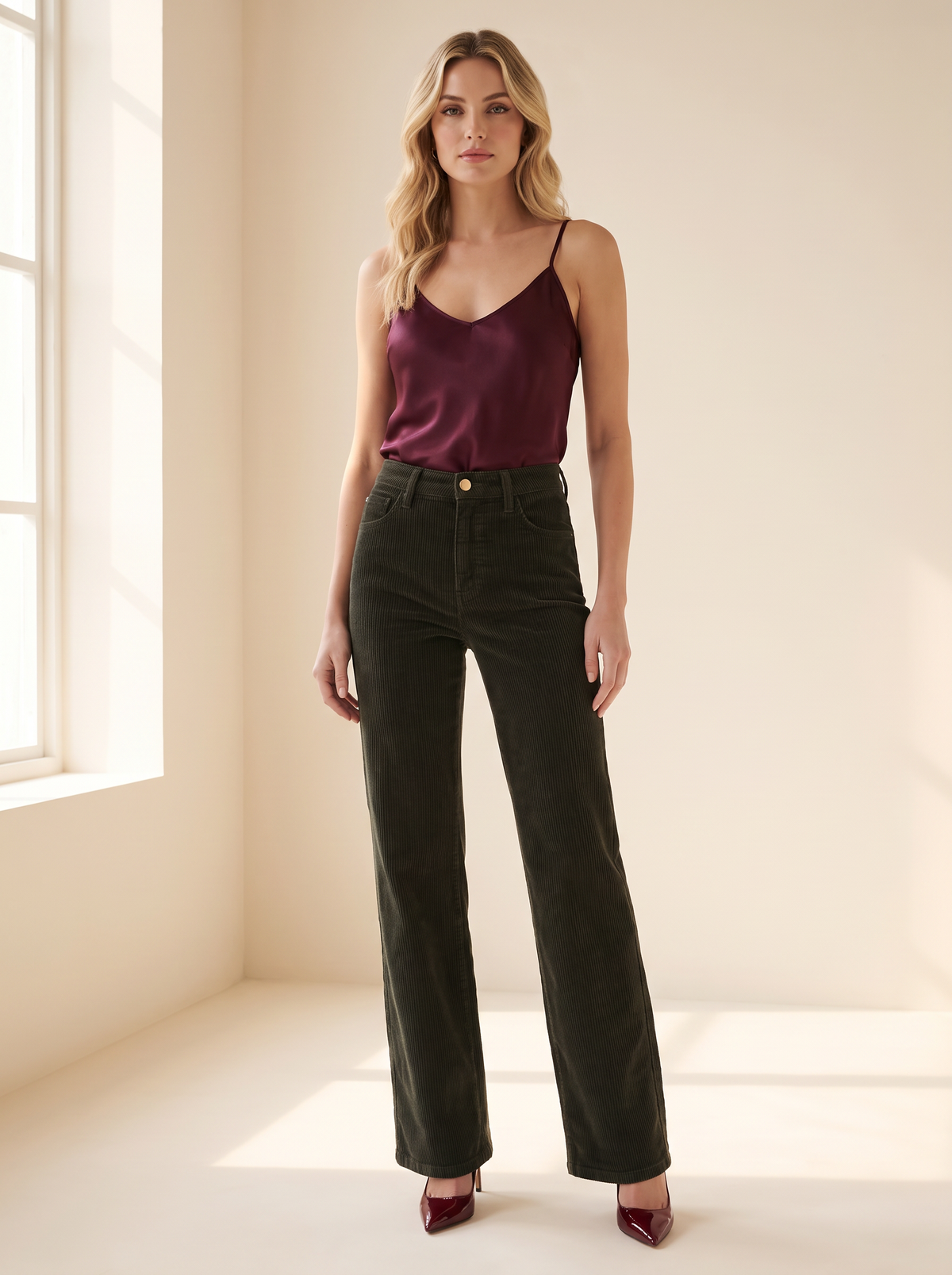 L’AGENCE Scottie Corduroy Pant – ARMY - Full Front Model