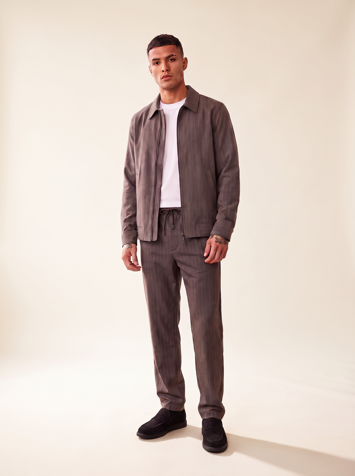 PINSTRIPE TAPERED SUIT PANTS - LES DEUX – SHOPPING BAG BROWN - Full Front Model