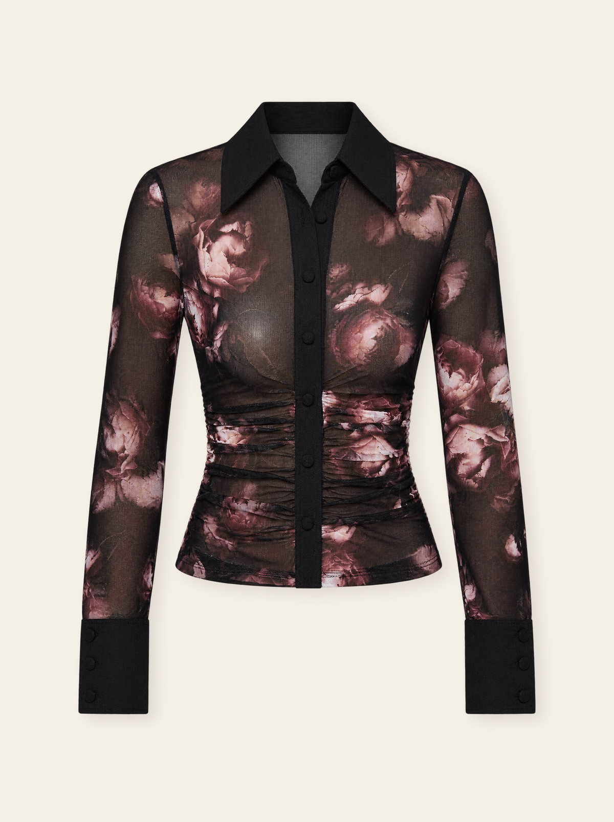L’AGENCE Isola Long-Sleeve Mesh Button-Up – BLACK/MAUVE SMALL DISTRESSED ROSE - Ghost Mannequin Front