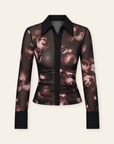 L’AGENCE Isola Long-Sleeve Mesh Button-Up – BLACK/MAUVE SMALL DISTRESSED ROSE - Ghost Mannequin Front