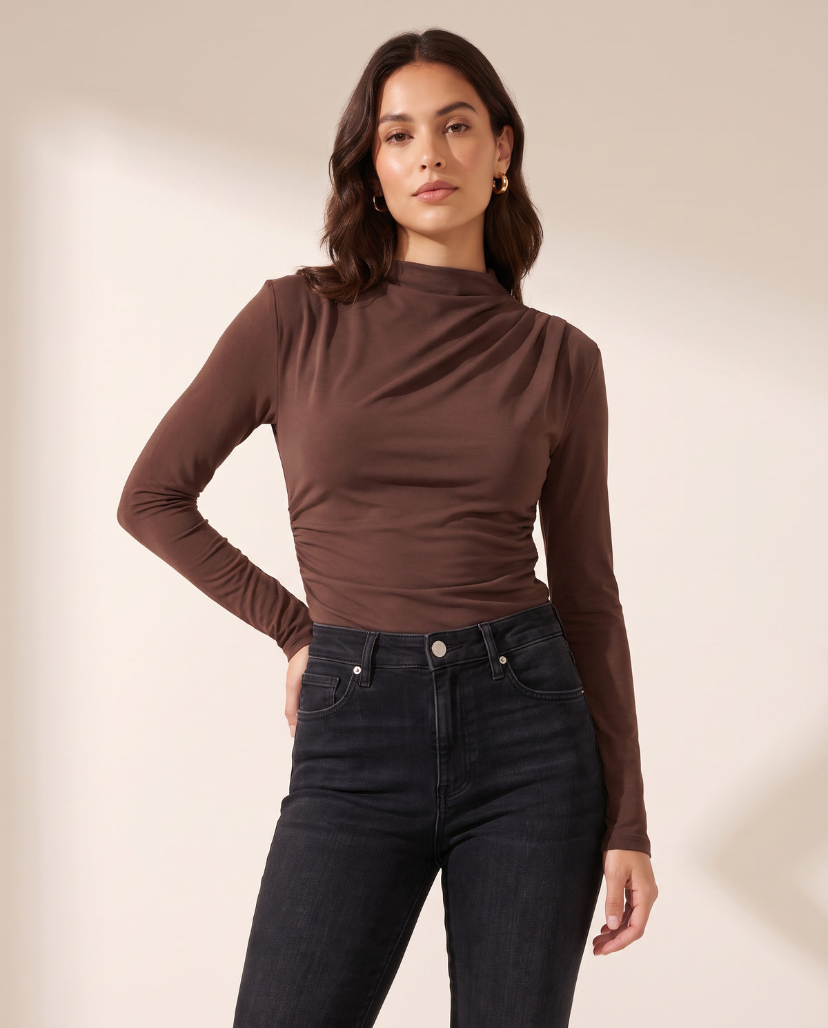 Pistola Nathalia Draped Mock Neck — Woodland – WOODLAND - Hero Front (full face to mid-thigh)