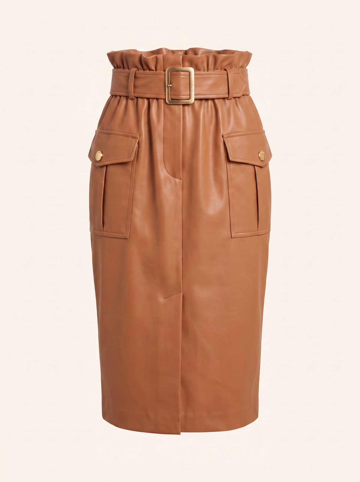 Kaelis Vegan Leather Skirt – SOFT COGNAC - Ghost Mannequin Front