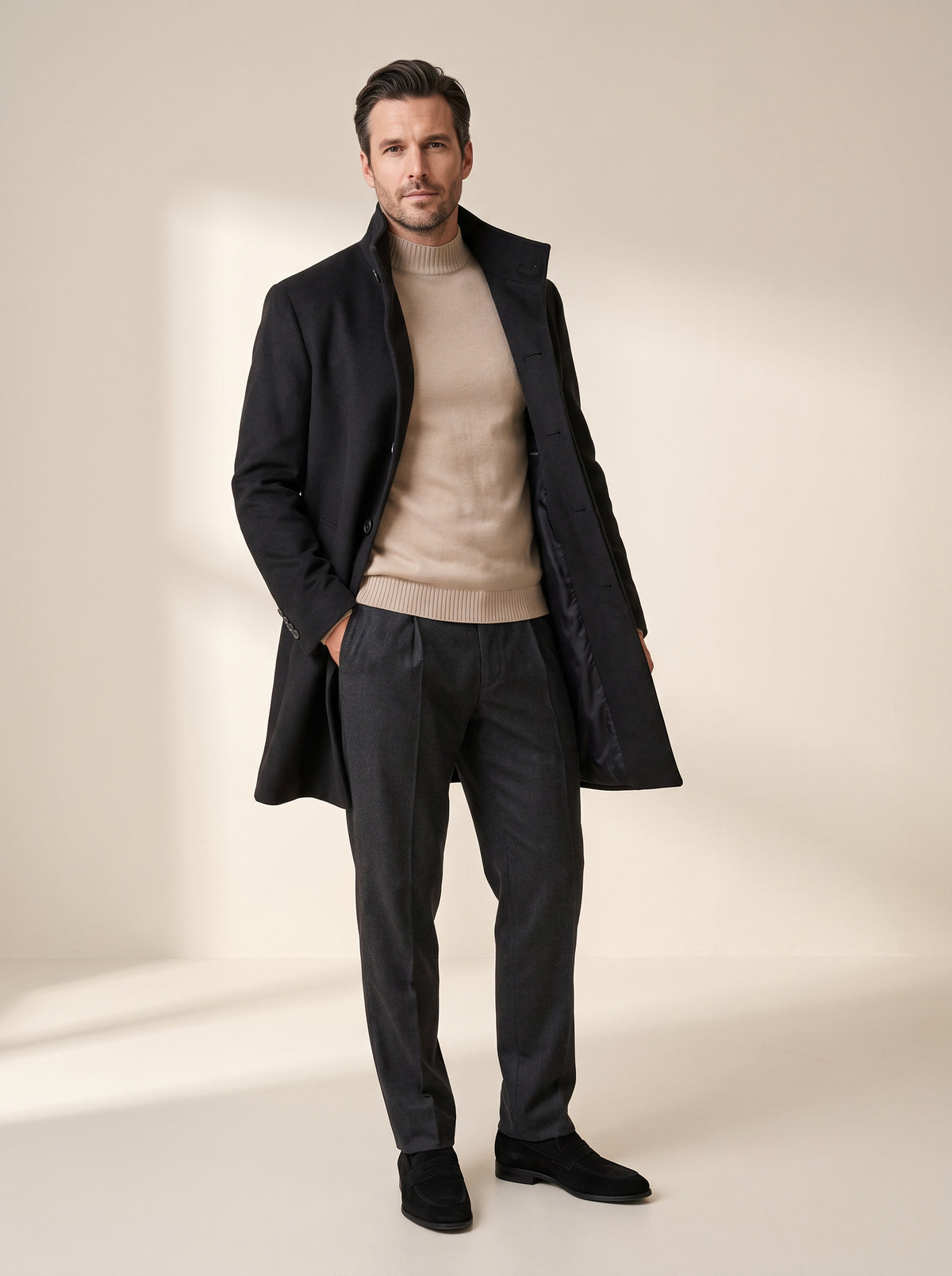 Sultan C Stand-Collar Coat – SAND – BLACK - Full Front Model