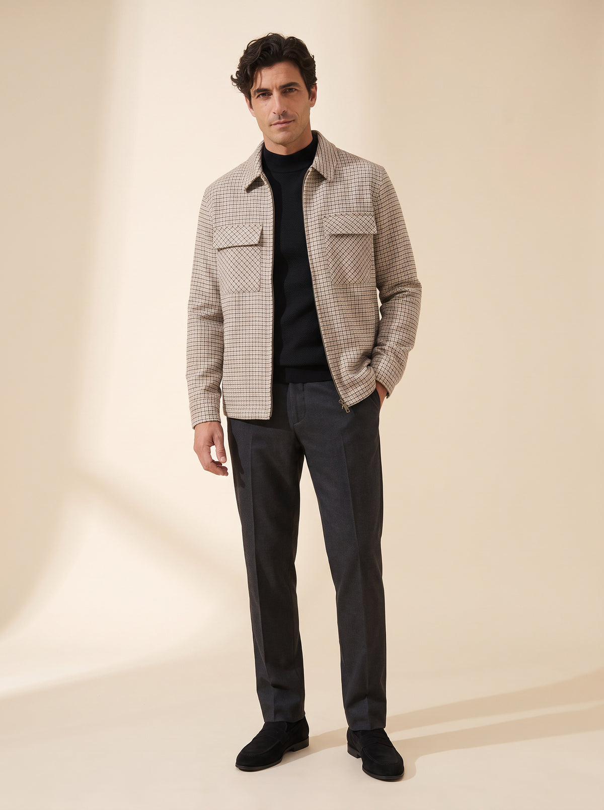 Aiden Micro-Check Zip Shirt Jacket – SAND – CREAM CHARCOAL - Full Body Front