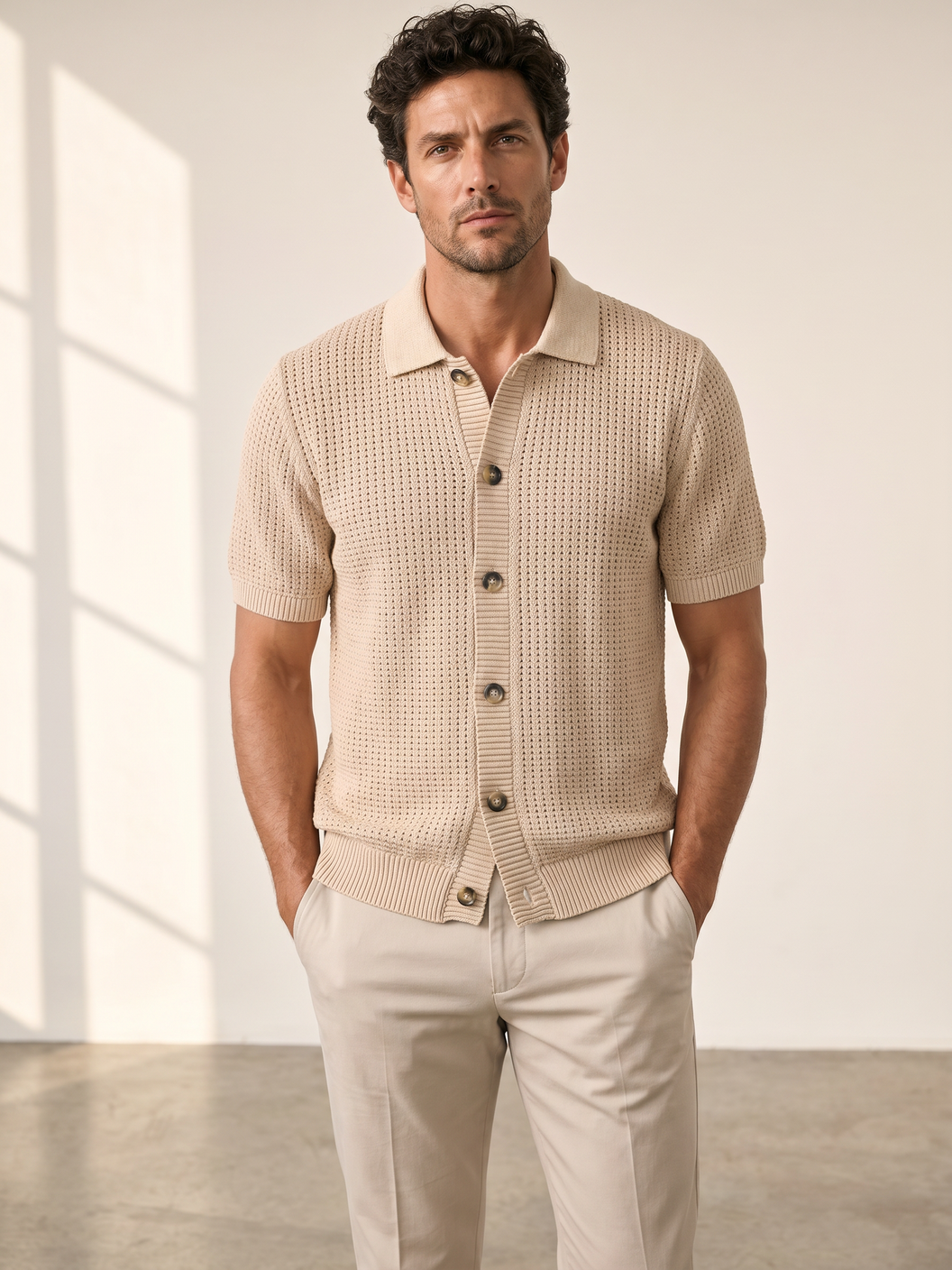 Ferrante SS Knit Button Shirt – Tan - Hero Front