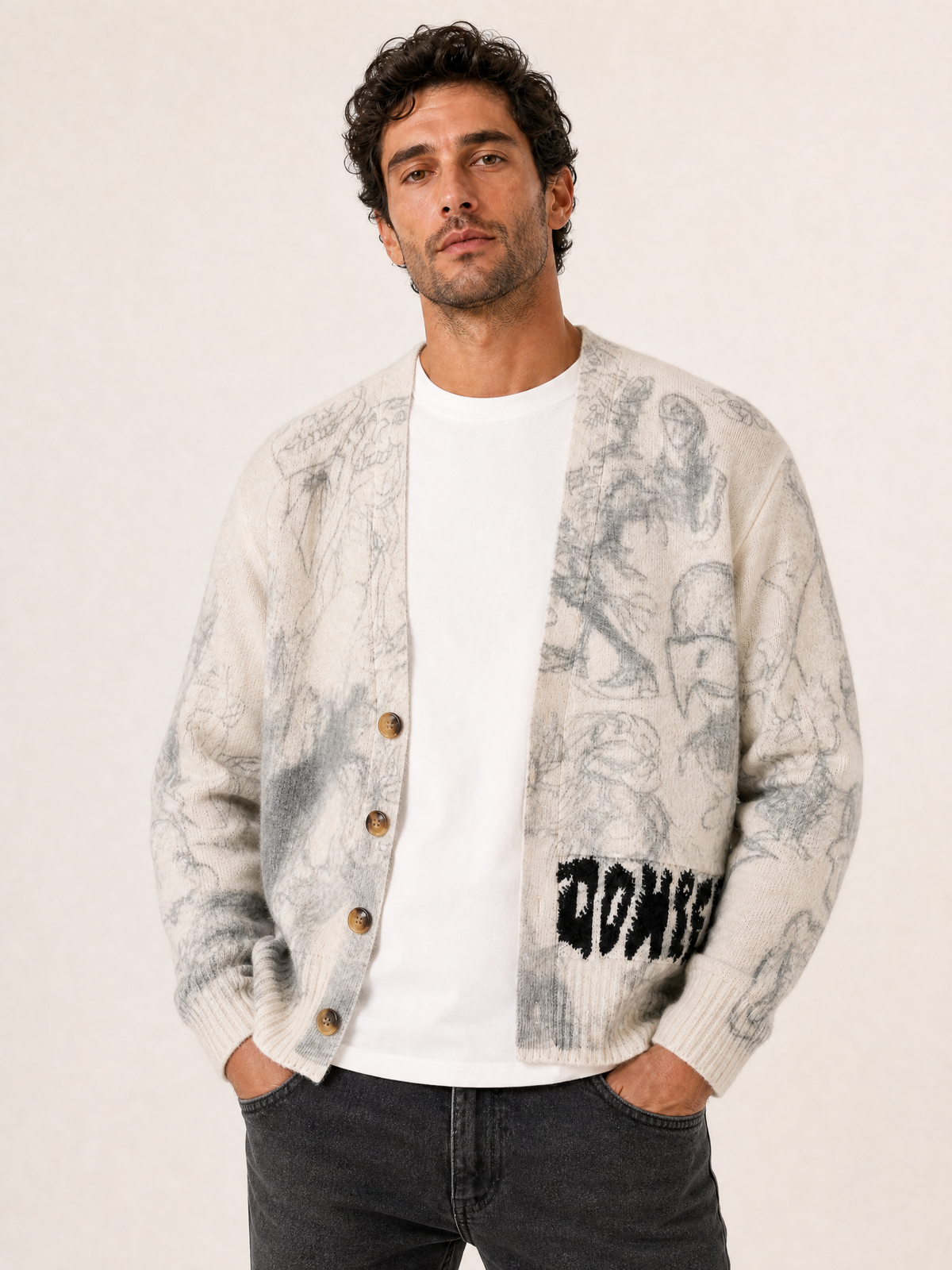DRAWINGS CARDIGAN - DOM REBEL – IVORY - Hero Front