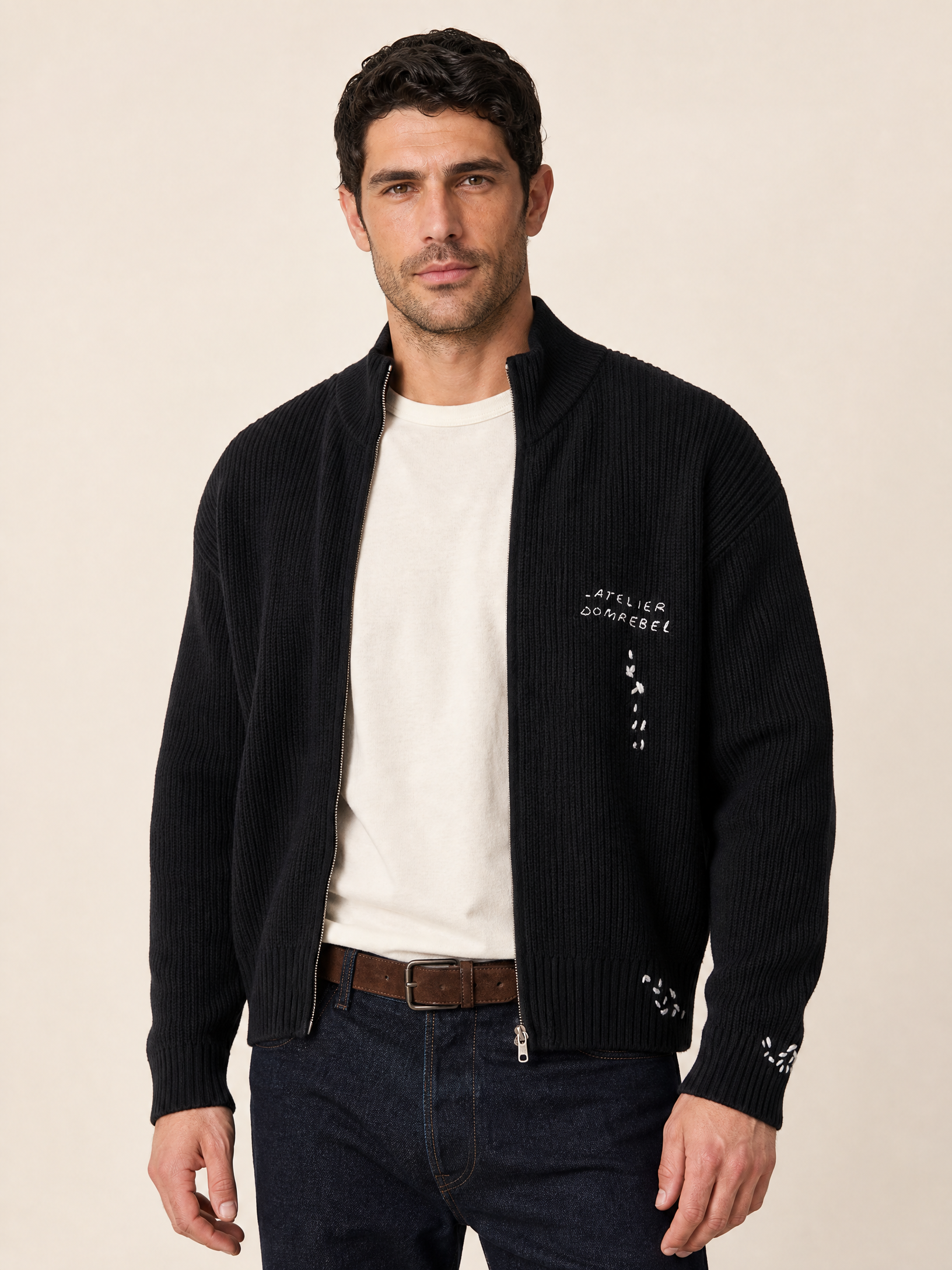 DADDY KNIT ZIP CARDIGAN - DOM REBEL – BLACK - Hero Front
