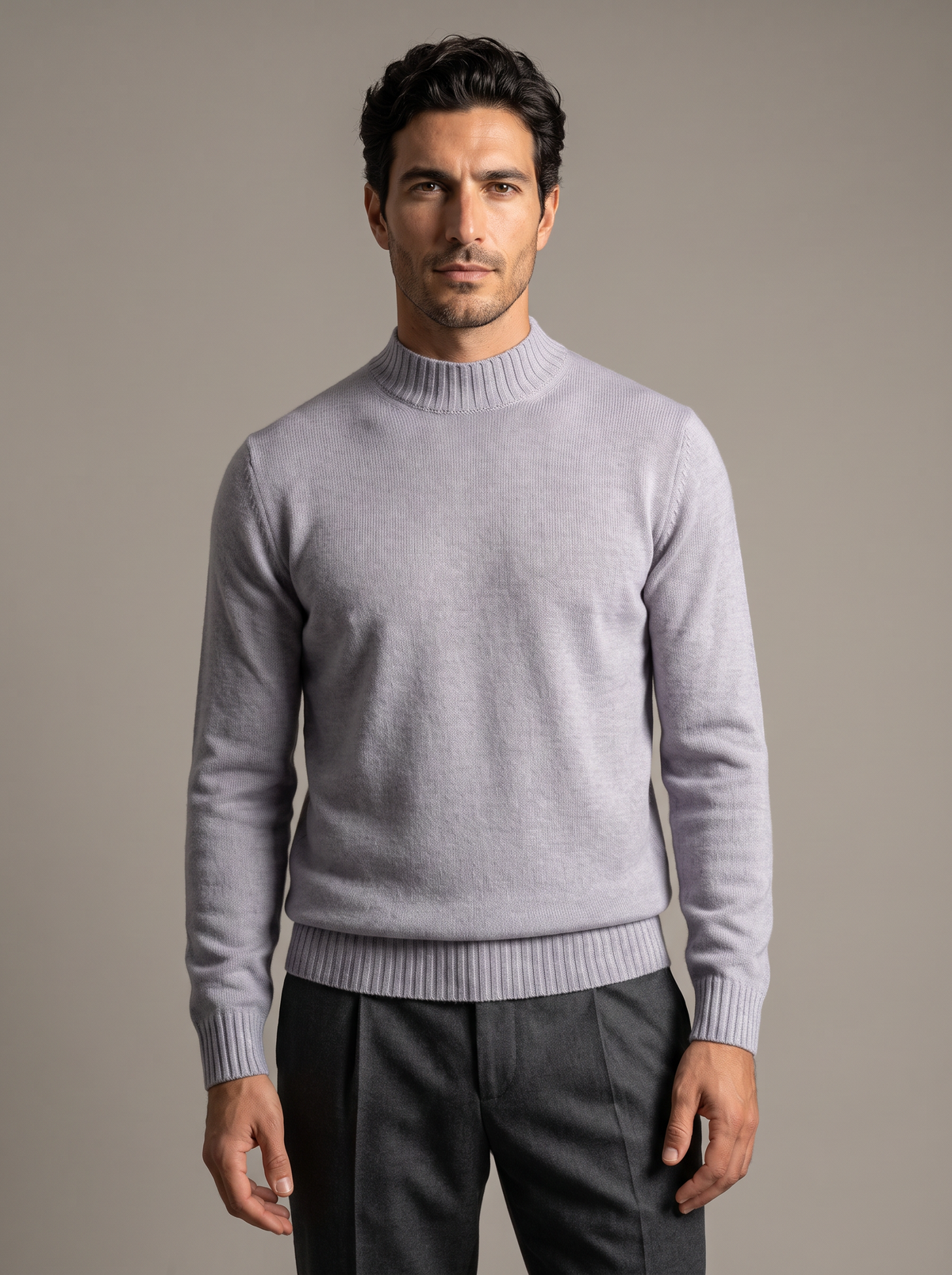 FERRANTE ESSENTIAL GARMENT-DYED MERINO MOCK NECK – COOL LIGHT GREY LILAC - Hero Front