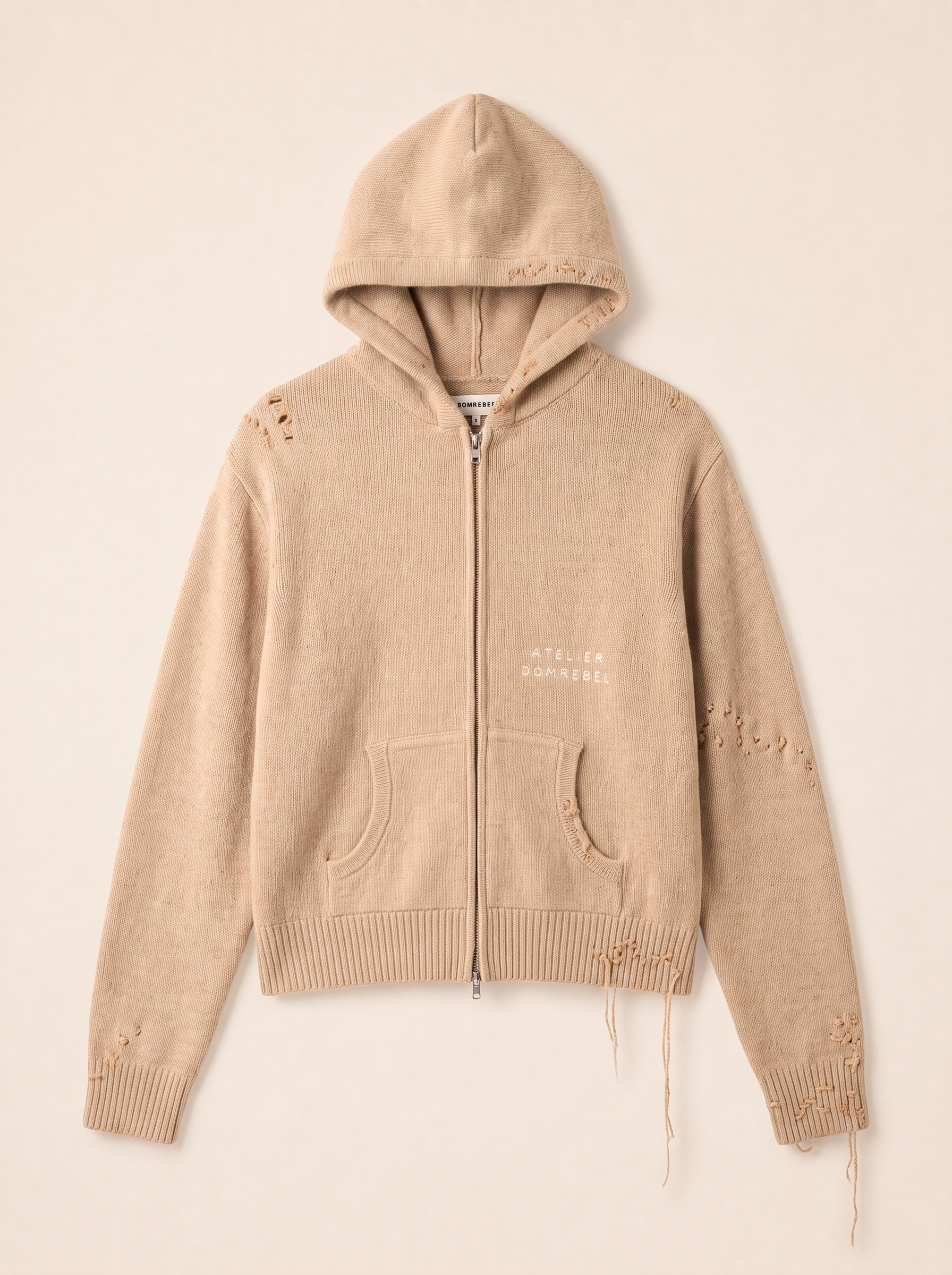 NIGHTCRAWLER KNIT HOODIE - DOM REBEL – BEIGE - Ghost Mannequin Front