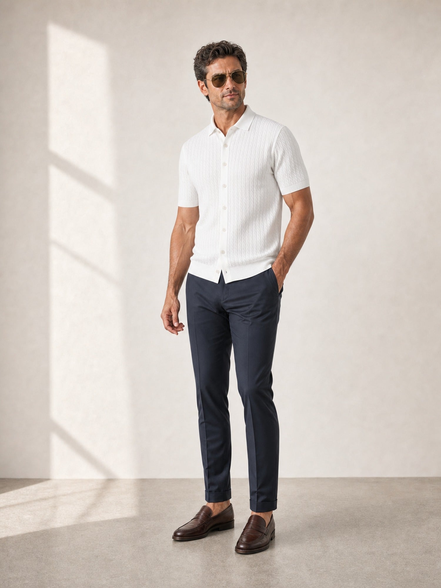 Gran Sasso Cotton Cable Knit Full-Button Polo – White - Hero Front