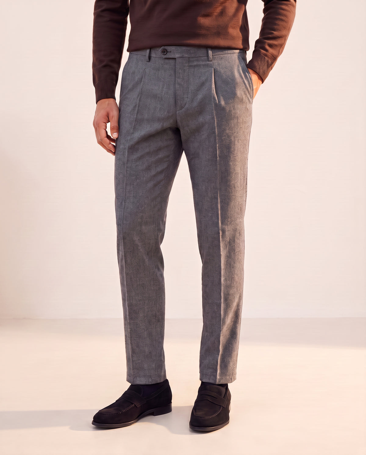 Briglia BG21 Mélange Pleated Trouser – GREY - Hero Front — on model, just above waistband through full shoes