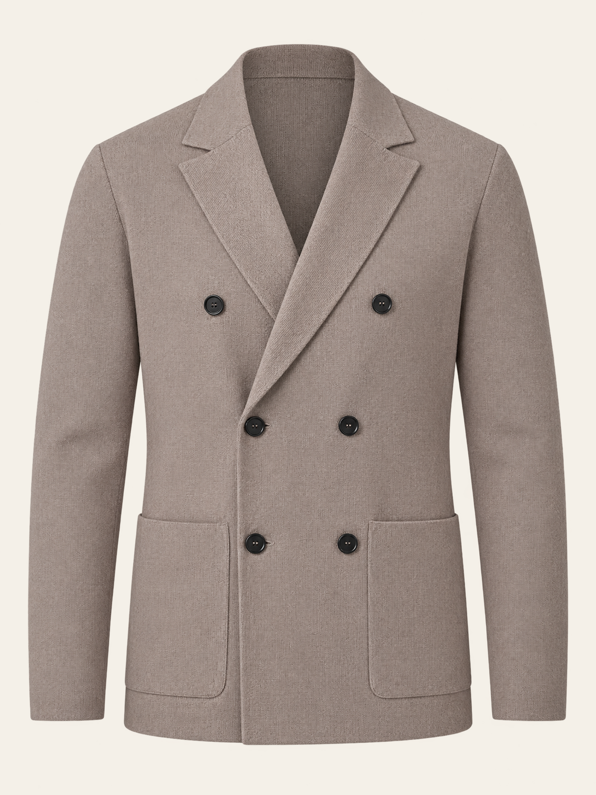 FERRANTE MERINO WOOL DOUBLE-BREASTED KNIT JACKET – WARM BEIGE TAUPE - Ghost Mannequin Front