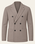 FERRANTE MERINO WOOL DOUBLE-BREASTED KNIT JACKET – WARM BEIGE TAUPE - Ghost Mannequin Front