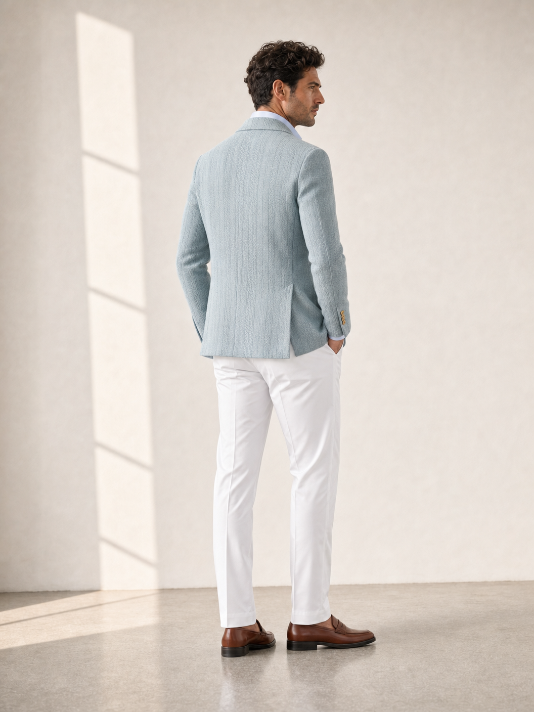 Tagliatore Knit DB Blazer — Teal — On Model Back Angle