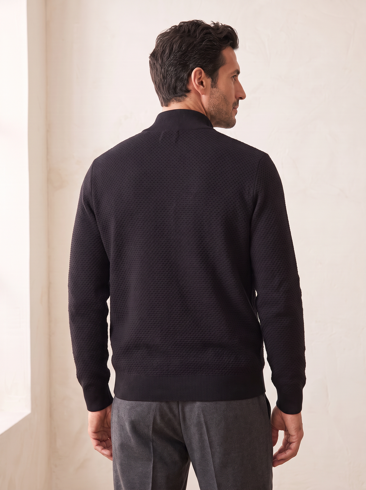 RICE STITCH FULL-ZIP CARDIGAN – BLACK - Hero Back
