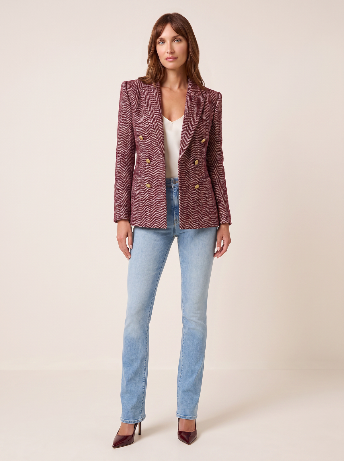 Karima Tweed Blazer – MERLOT RED/ECRU TWEED - Full Front Model