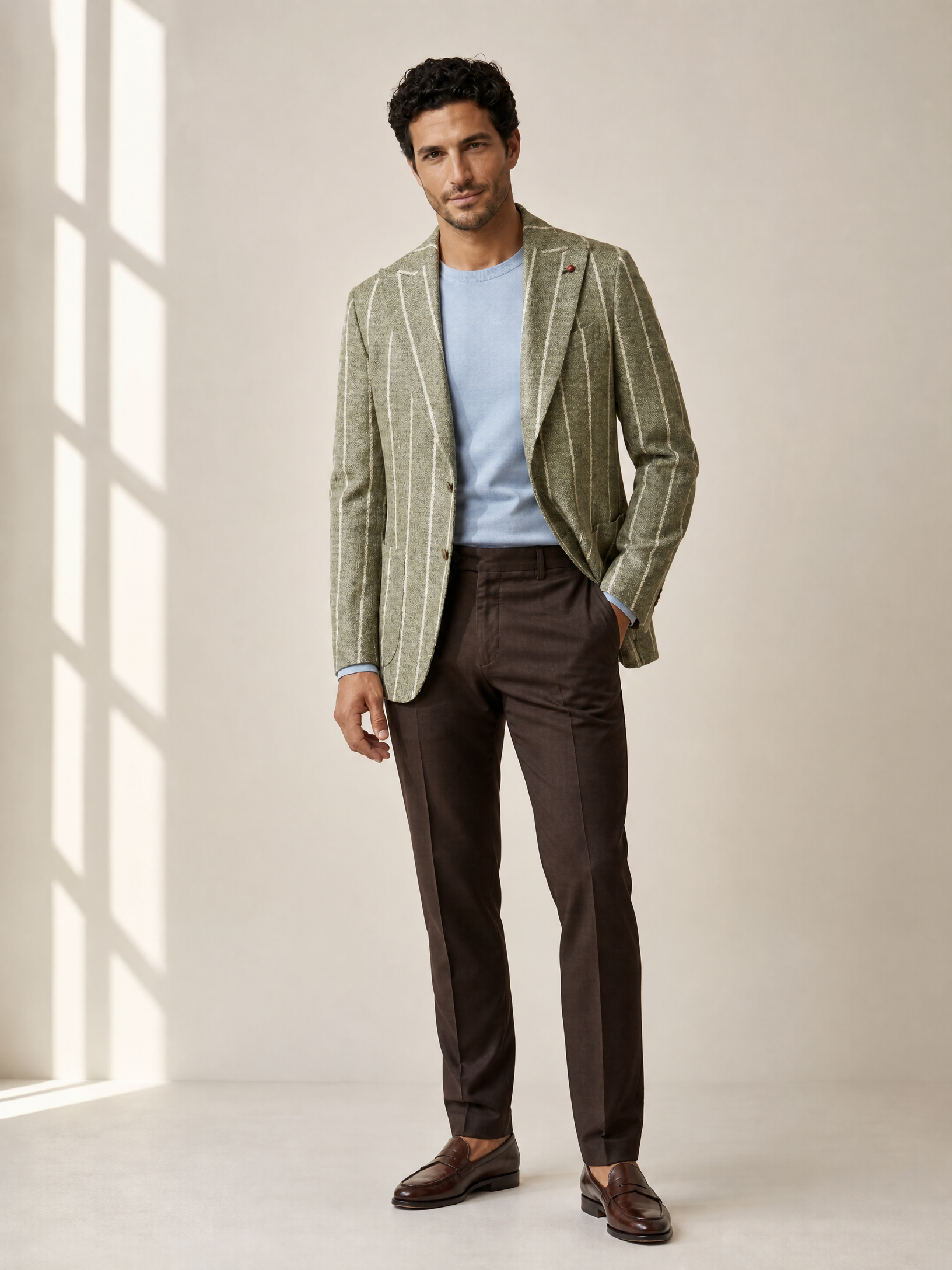 SAND Linen Crewneck T-Shirt – SKY - Full Front Model