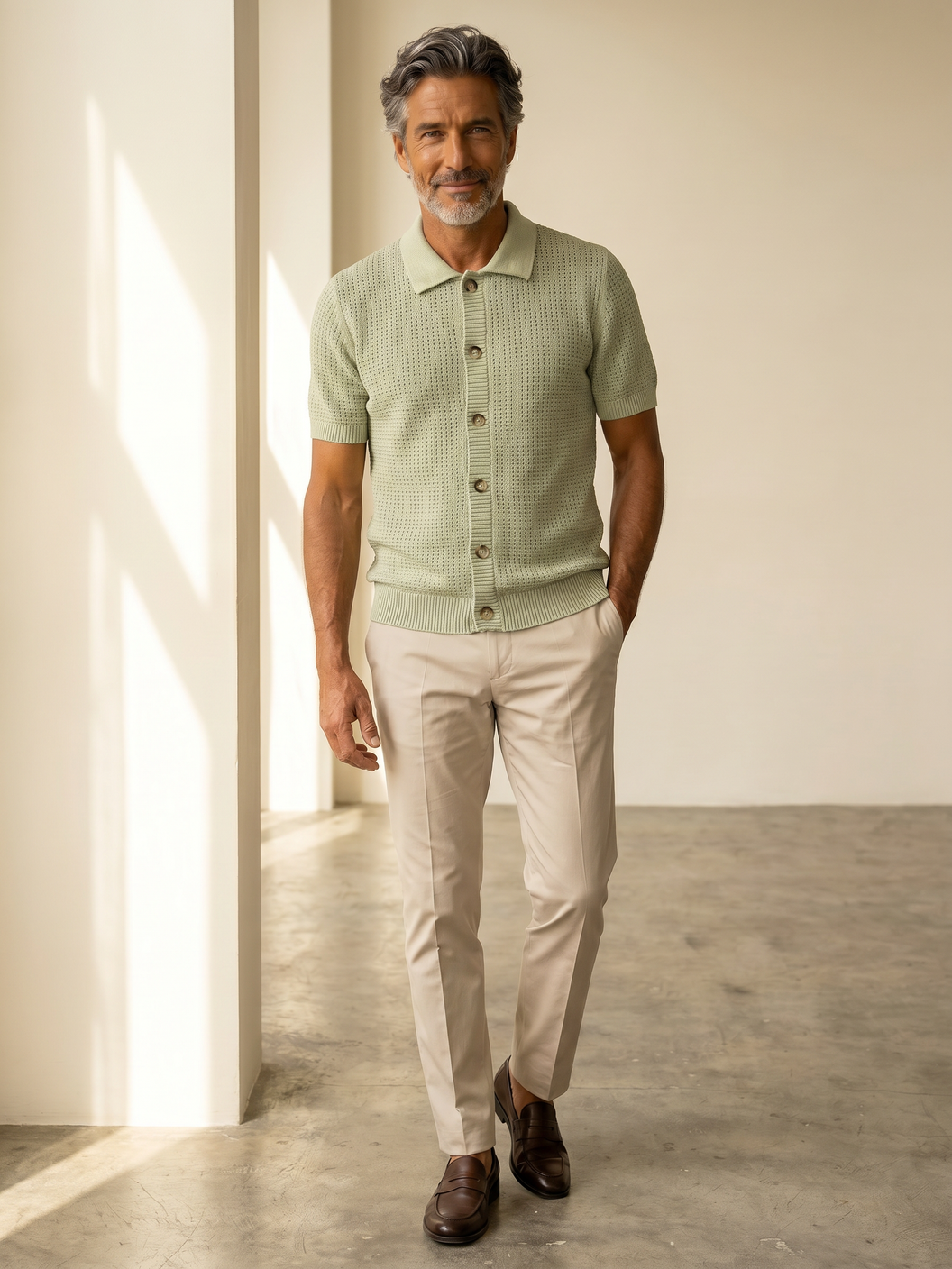 Ferrante SS Knit Button Shirt – Forest - Full Body Front