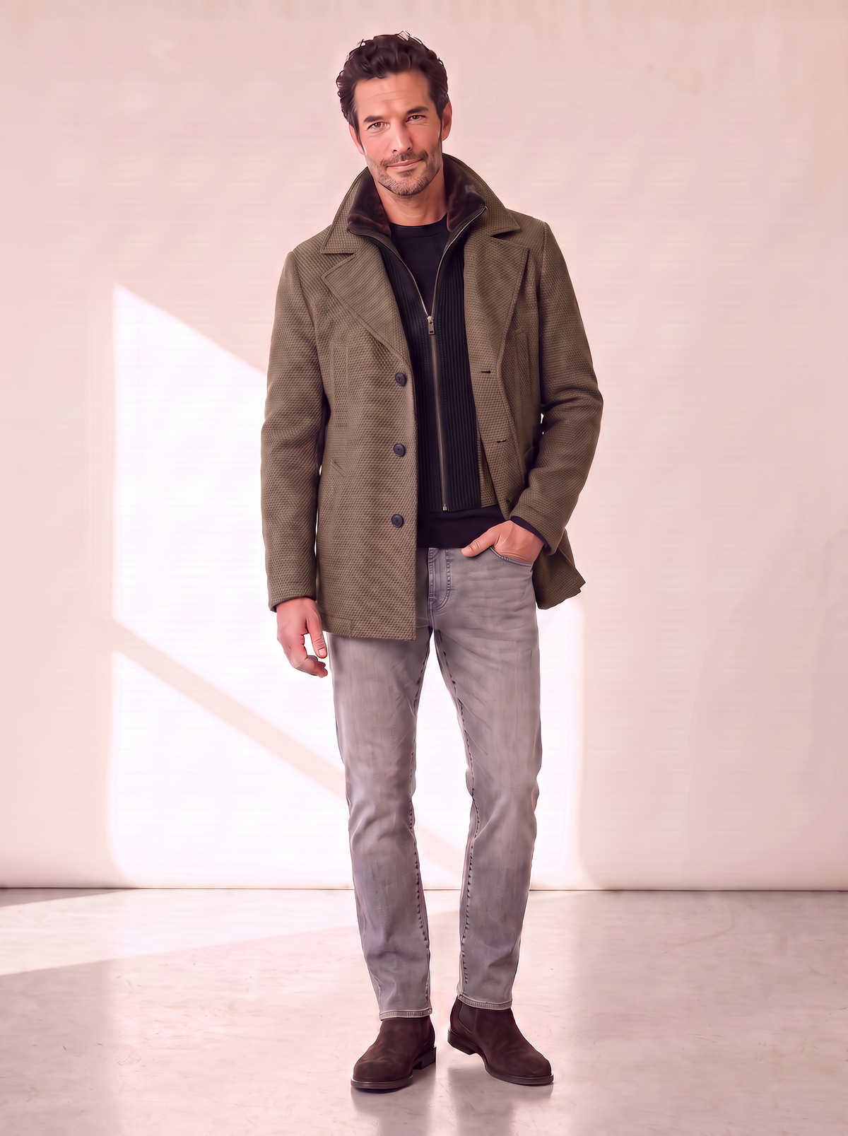 WOOL-BLEND JACKET WITH DETACHABLE BIB – OLIVE - Full Body Front