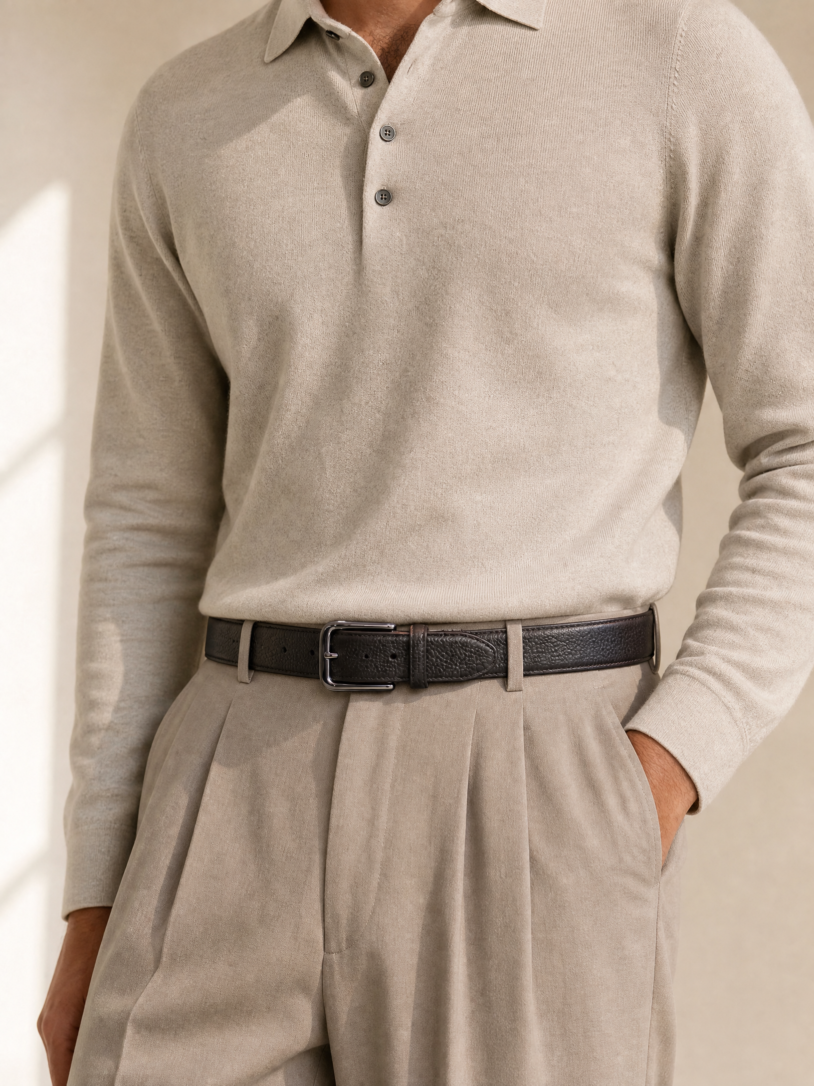 Paolo Vitale Pebbled Leather Belt – BROWN - Styled Waist Front