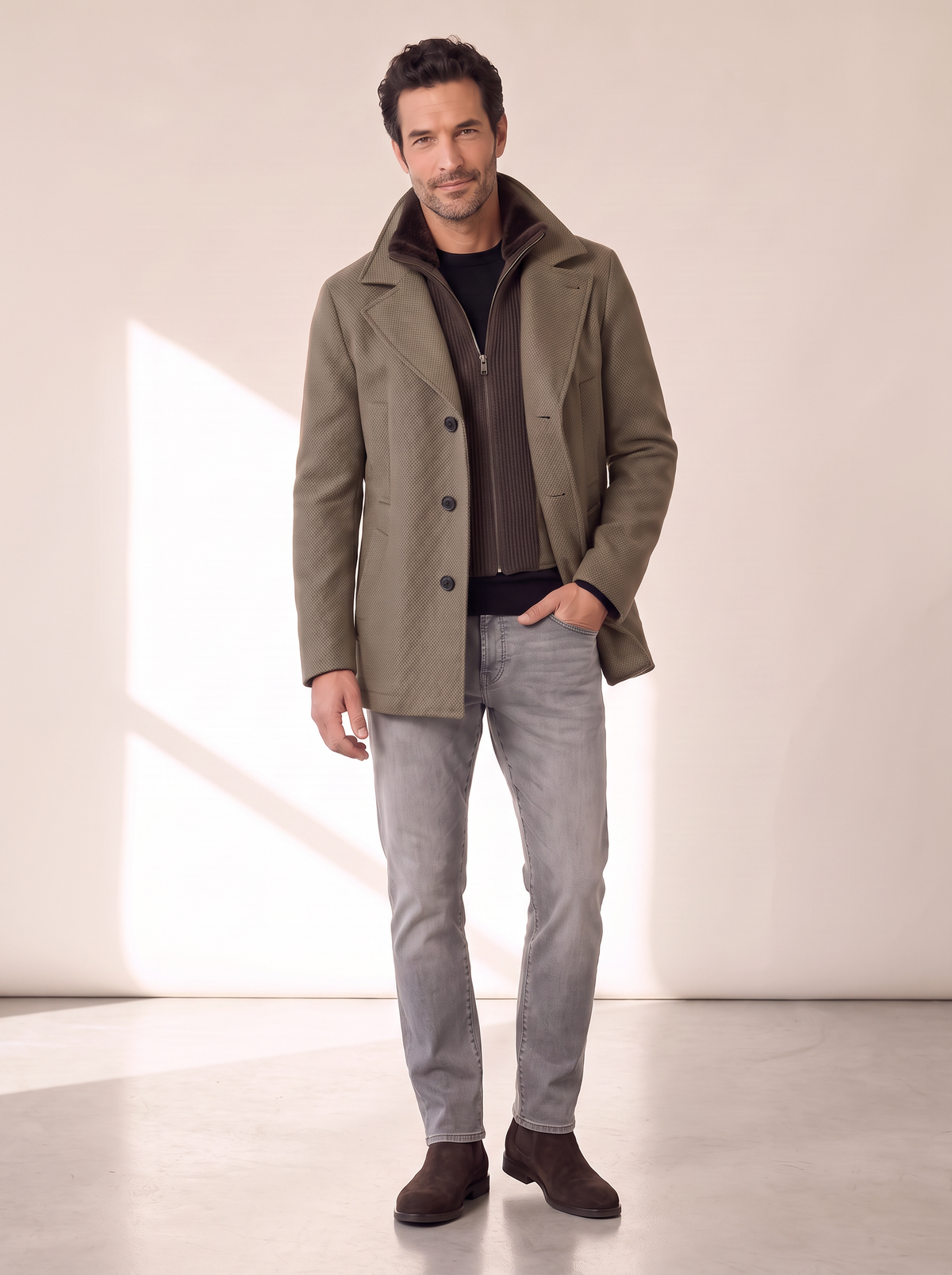 WOOL-BLEND JACKET WITH DETACHABLE BIB – OLIVE - Full Body Front