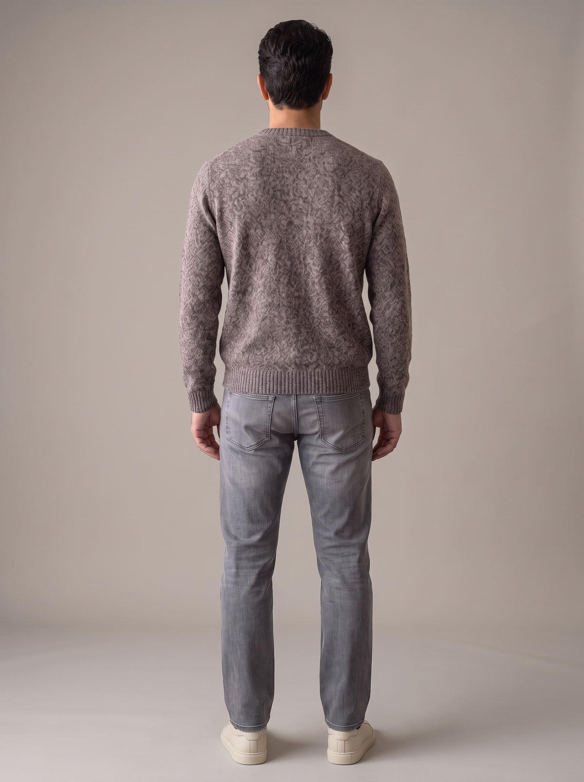FERRANTE ROYAL RED WOOL-CASHMERE MELANGE CREWNECK – WARM BROWN GREY CREAM MELANGE - Full Back Model