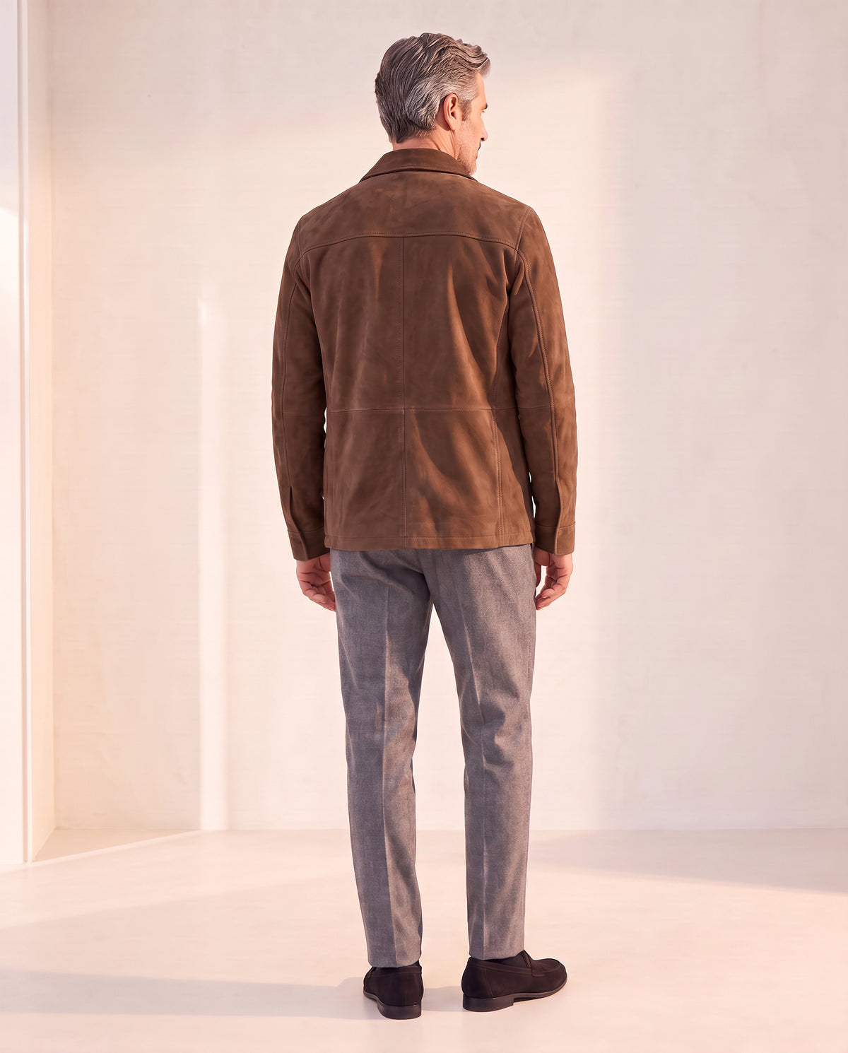 Soft Suede Aiden Pocket Shirt Jacket – SAND – BROWN - Full Back Model