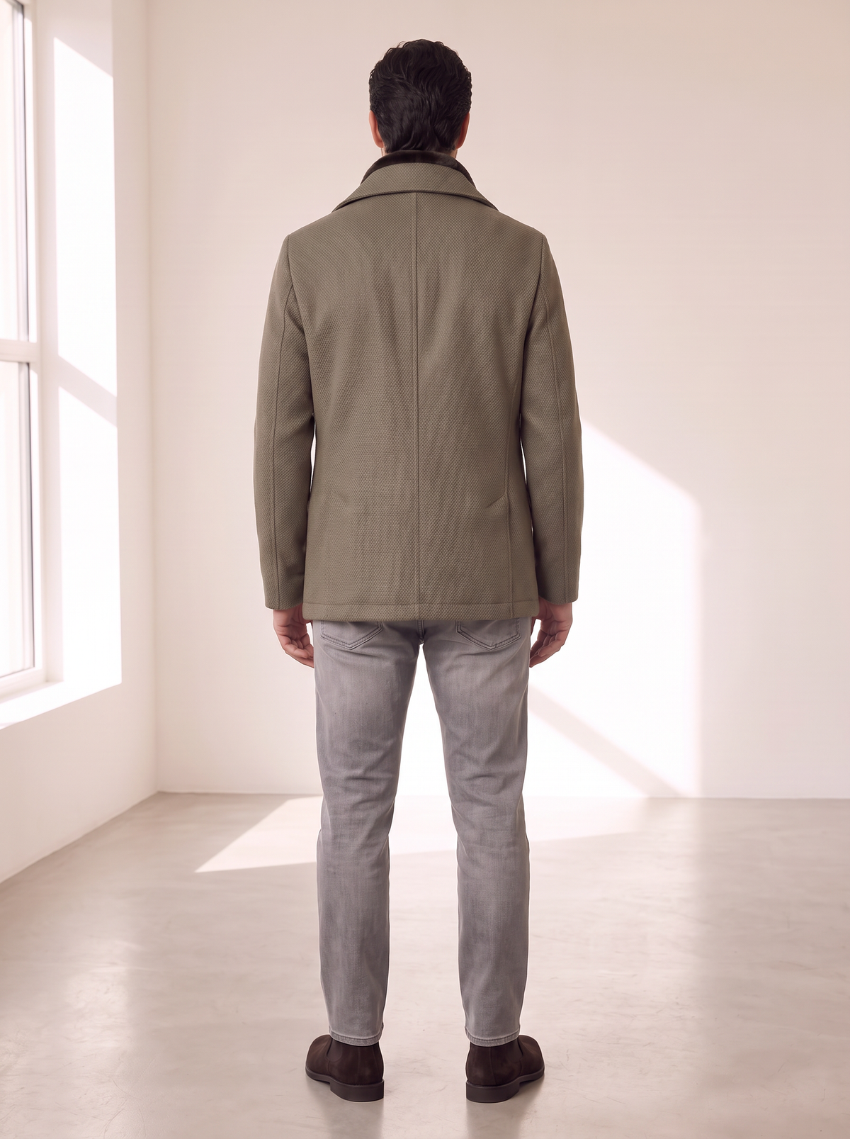 WOOL-BLEND JACKET WITH DETACHABLE BIB – OLIVE - Full Body Back