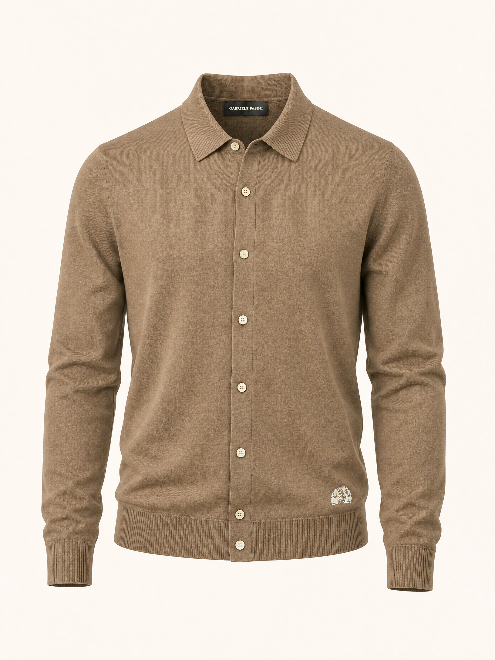 LS Knit Button-Down Shirt Gabriele Pasini – BROWN - Ghost Mannequin Front
