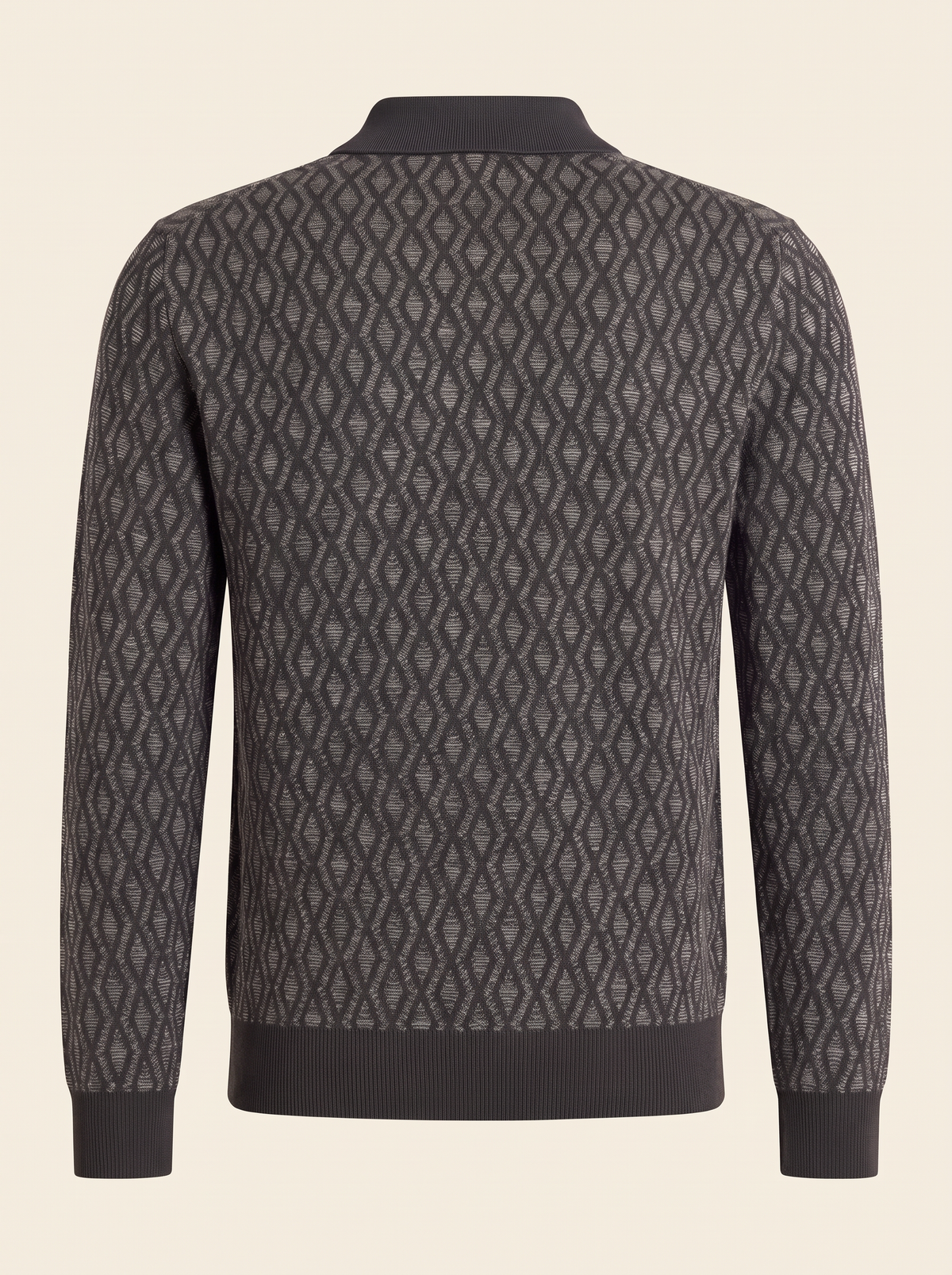 FERRANTE MERINO WOOL DIAMOND JACQUARD FOUR-BUTTON POLO – DARK CHARCOAL - Ghost Mannequin Back
