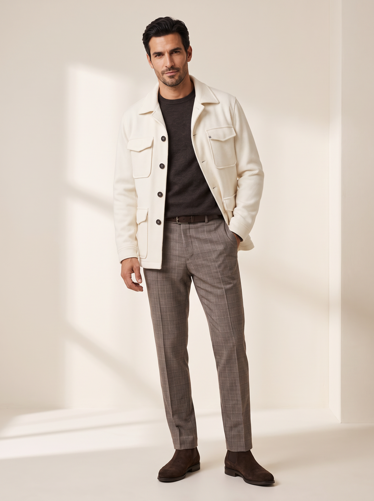 CRAIG STR PERFORMANCE STRETCH TROUSER – TAUPE GLEN PLAID - Full Body Front