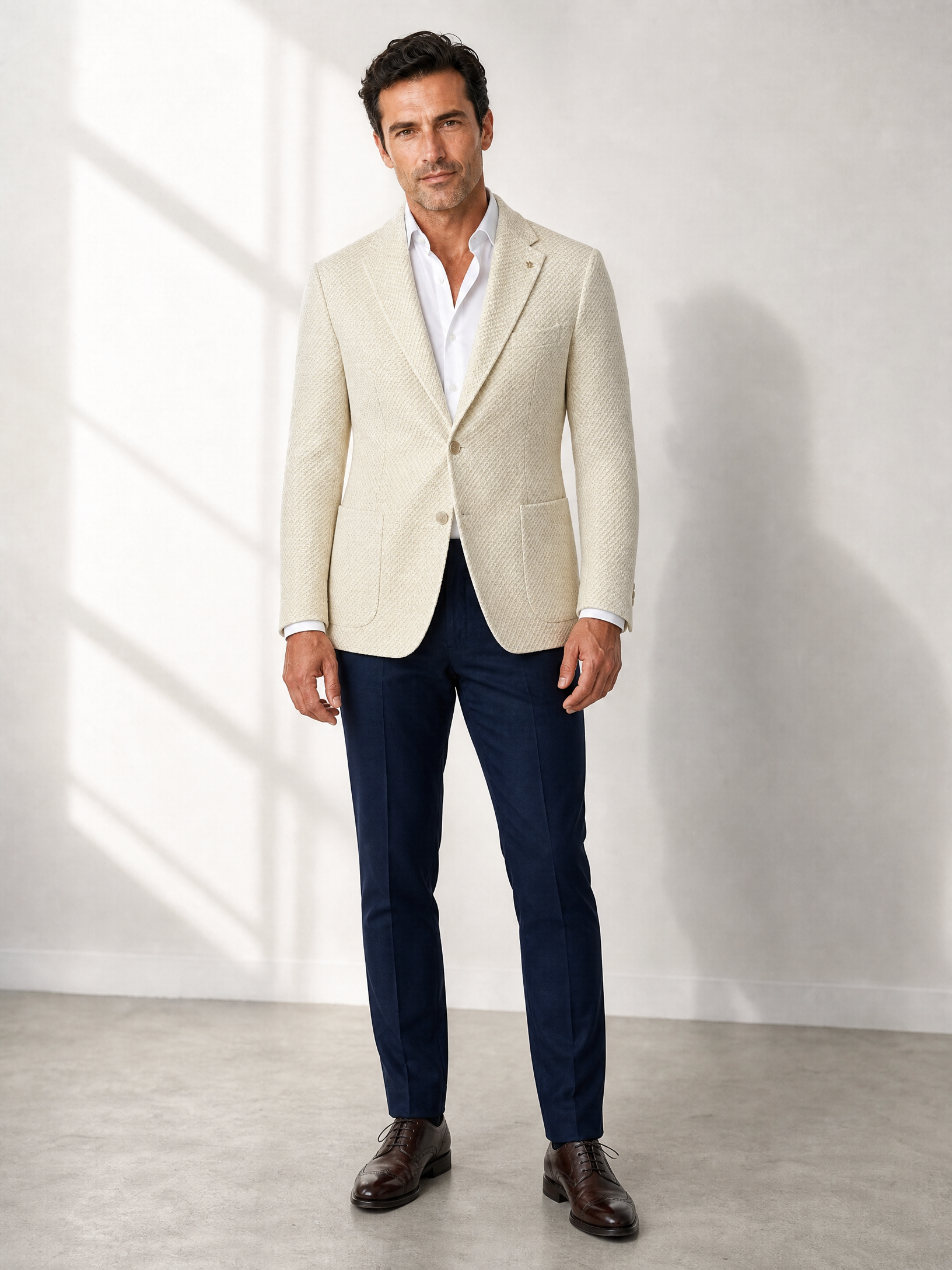 Tagliatore Textured Knit SB Blazer – CREAM - Full Front Model