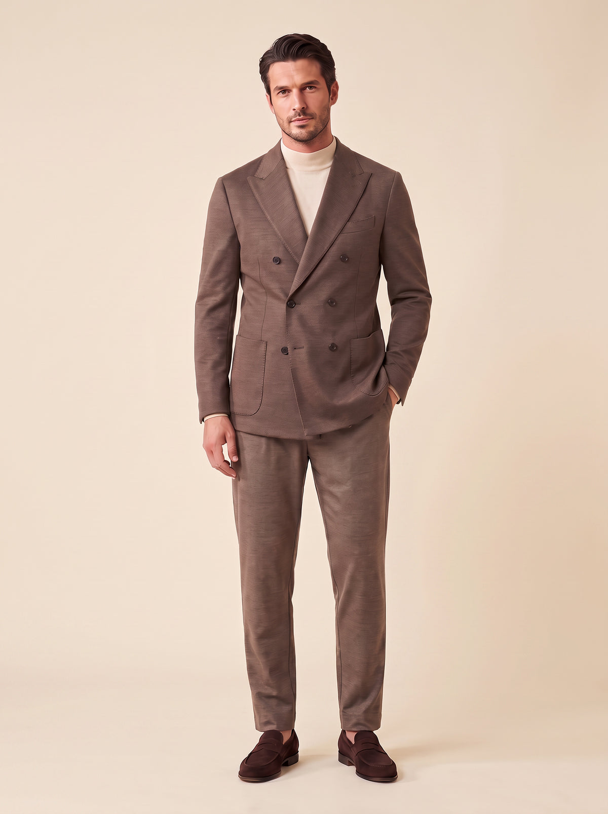 FRADI SLJ Double-Breasted Jacket – BROWN - Full Three Quarter