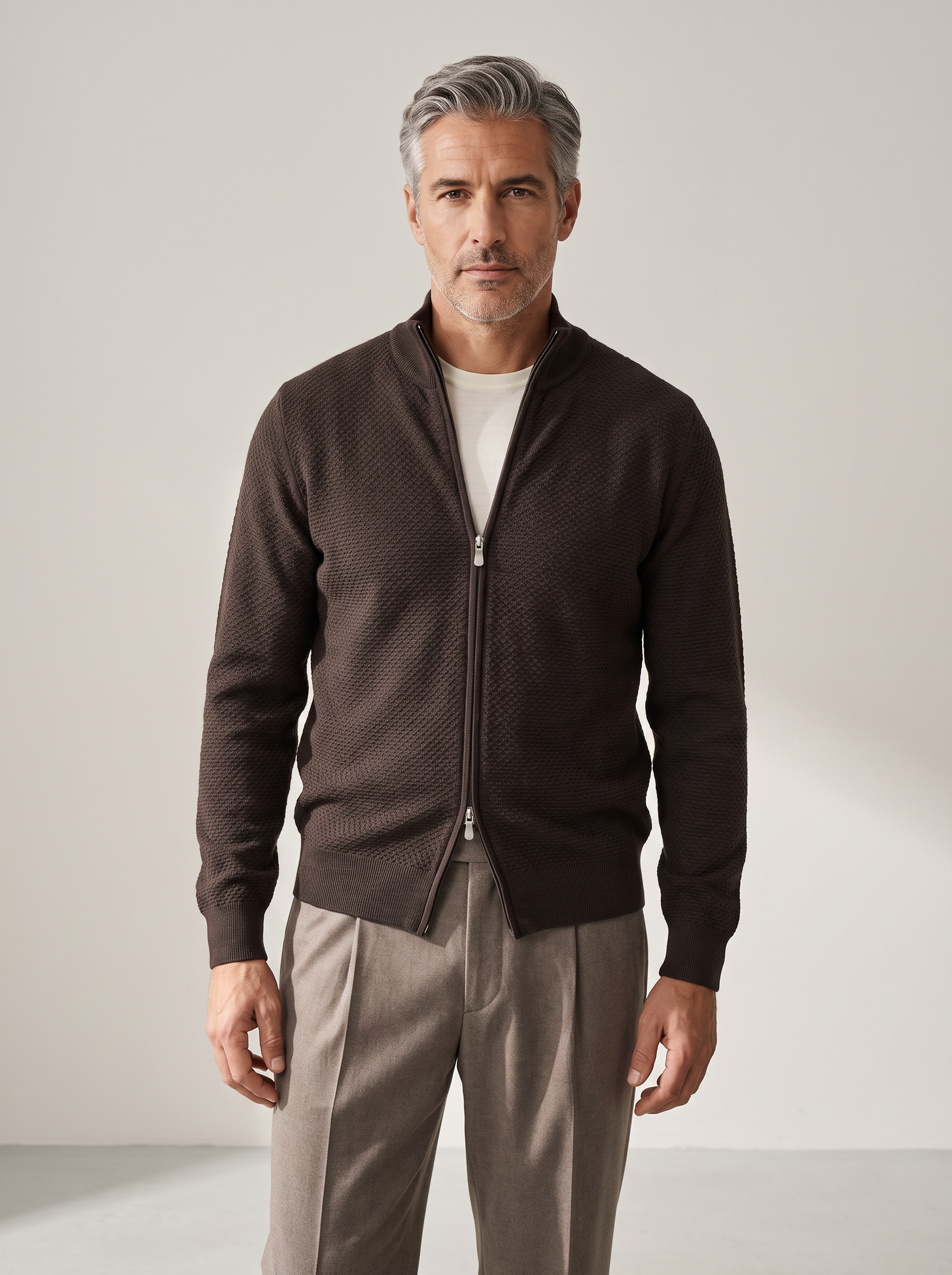 RICE STITCH FULL-ZIP CARDIGAN – CHOCOLATE - Hero Front