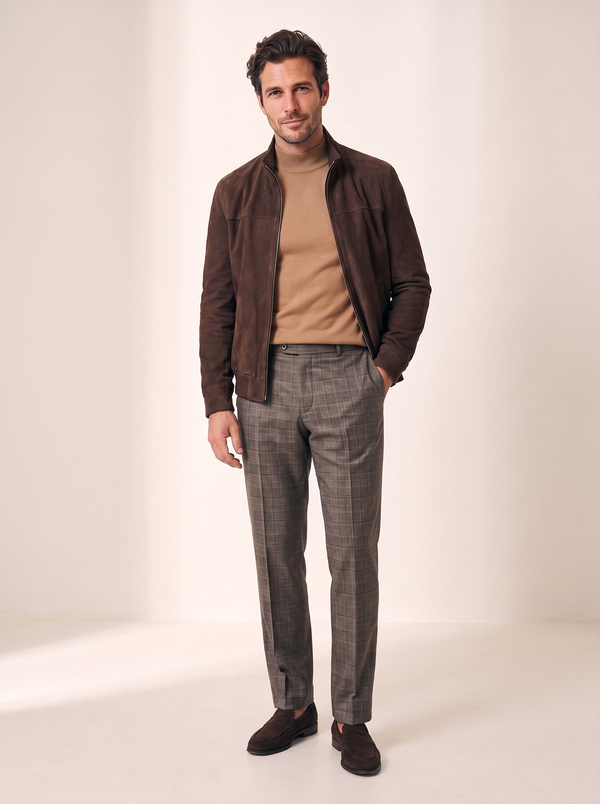 Brandon Glen-Plaid Trousers – SAND – BROWN GREY - Full Body Front