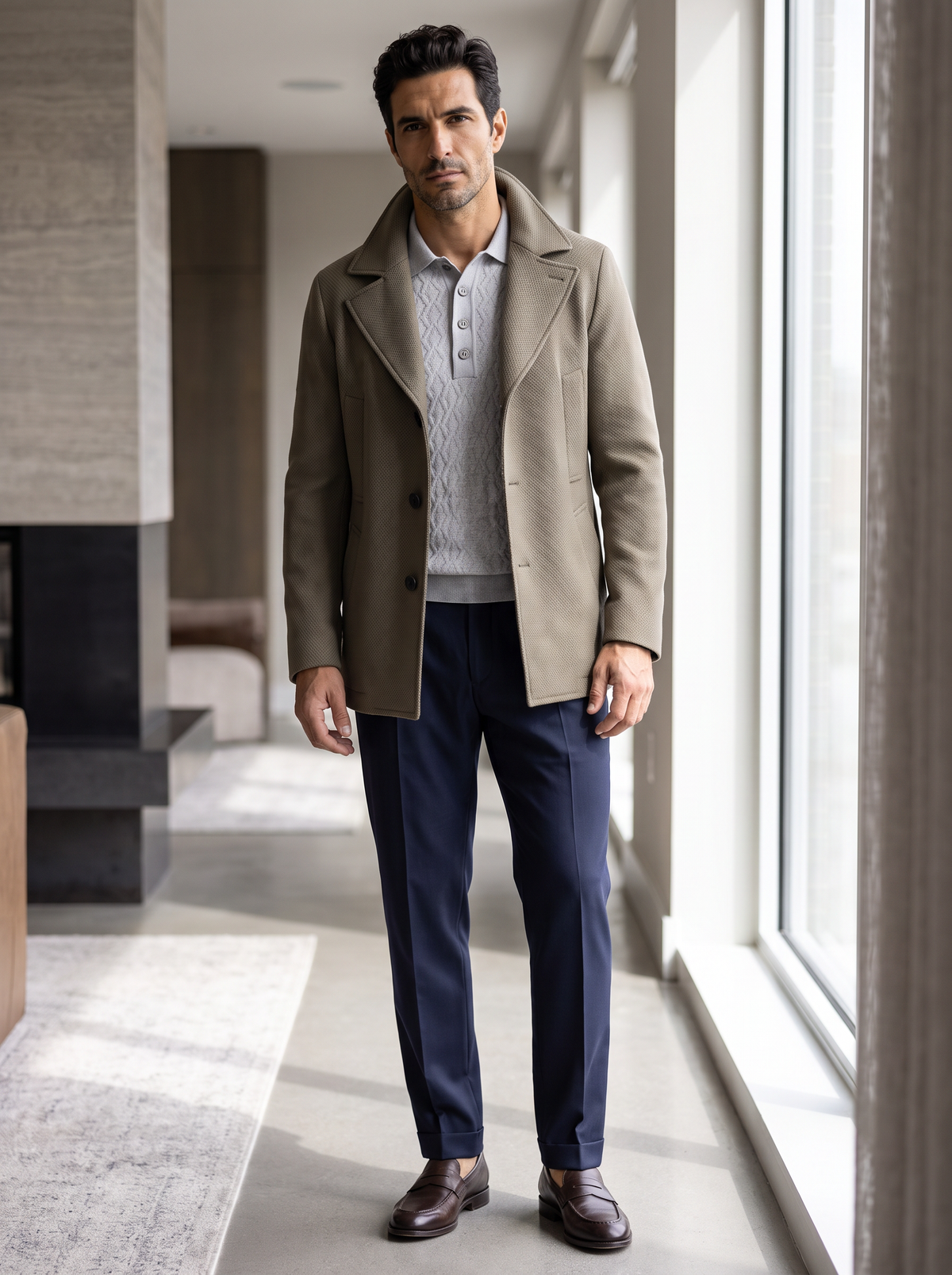 FERRANTE MERINO WOOL DIAMOND JACQUARD FOUR-BUTTON POLO – LIGHT GREY - Full Front Model