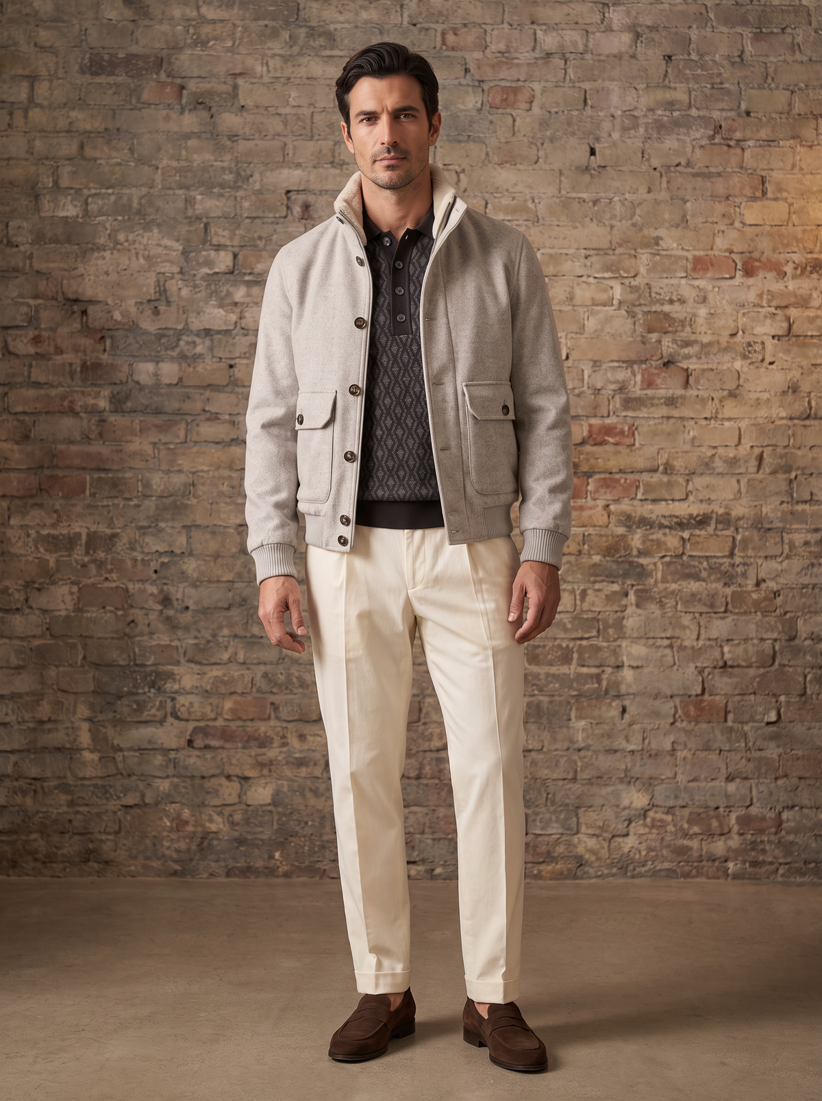 FERRANTE MERINO WOOL DIAMOND JACQUARD FOUR-BUTTON POLO – DARK CHARCOAL - Full Front Model