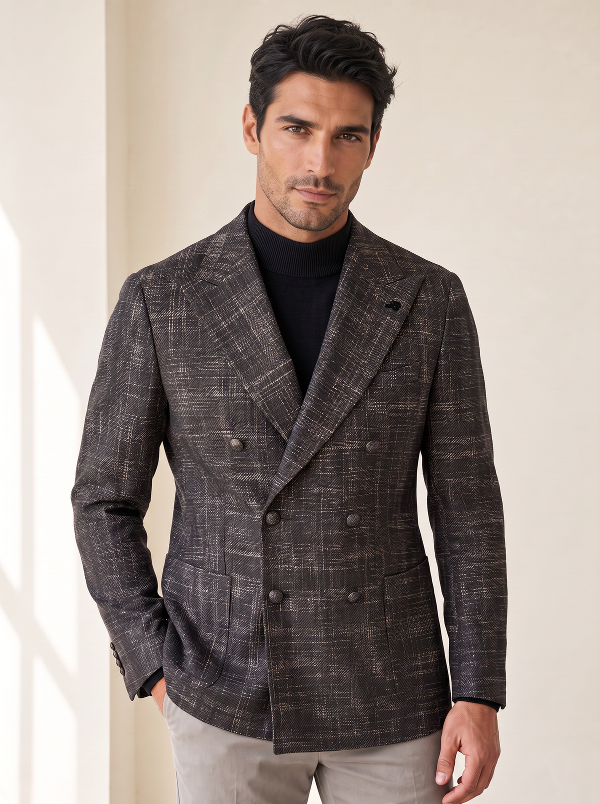 TEXTURED PRINCE OF WALES DOUBLE-BREASTED BLAZER – CHARCOAL - Hero Front