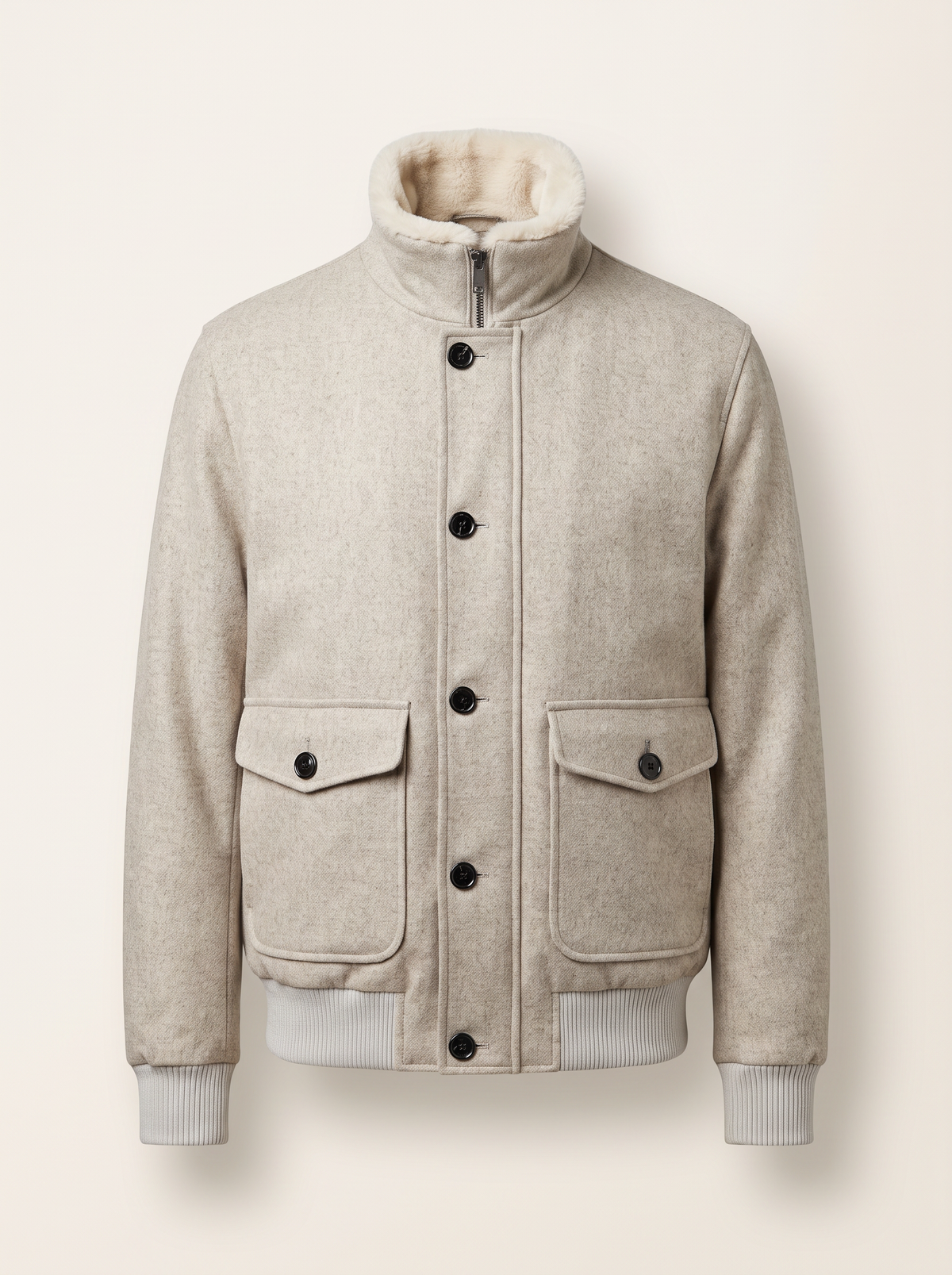 WOOL-BLEND BOMBER WITH DETACHABLE FAUX-FUR COLLAR – GREY - Ghost Front