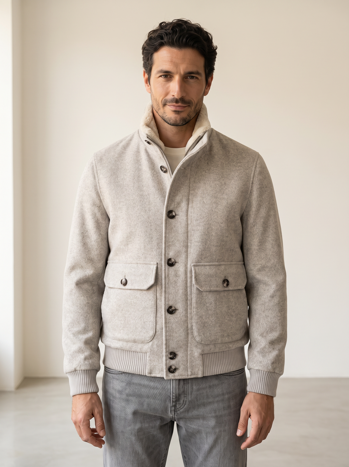 WOOL-BLEND BOMBER WITH DETACHABLE FAUX-FUR COLLAR – GREY - Hero Front
