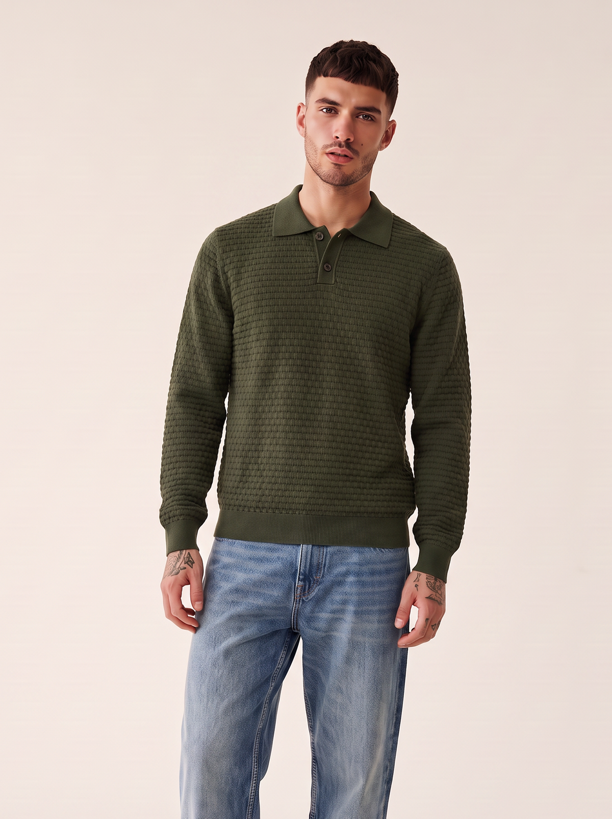 CHECK STRUCTURE KNITTED LS POLO - LES DEUX – RIFLE GREEN - Hero Front