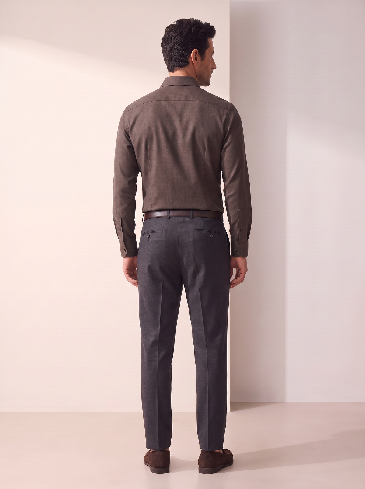 GORDON SC VIRGIN WOOL SHIRT – DARK BROWN MELANGE - Full Body Back